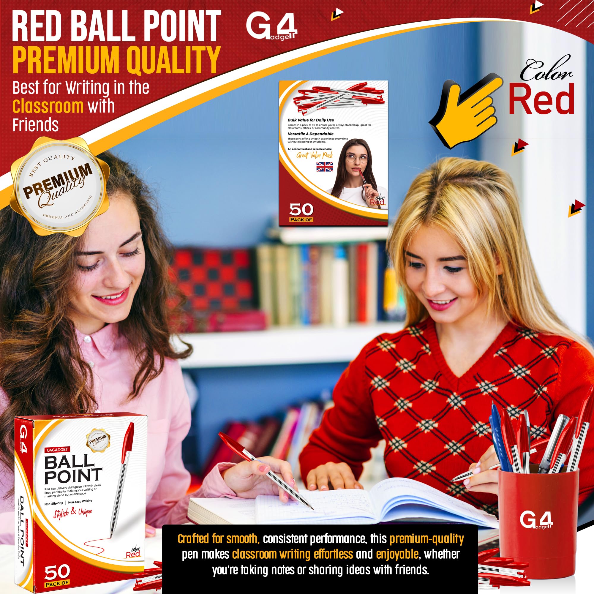 G4GADGET 50 Pack Stick Ballpoint Pens - Bold Red Ink, Medium Point, Lightweight | 0.5mm-0.7mm Line 3
