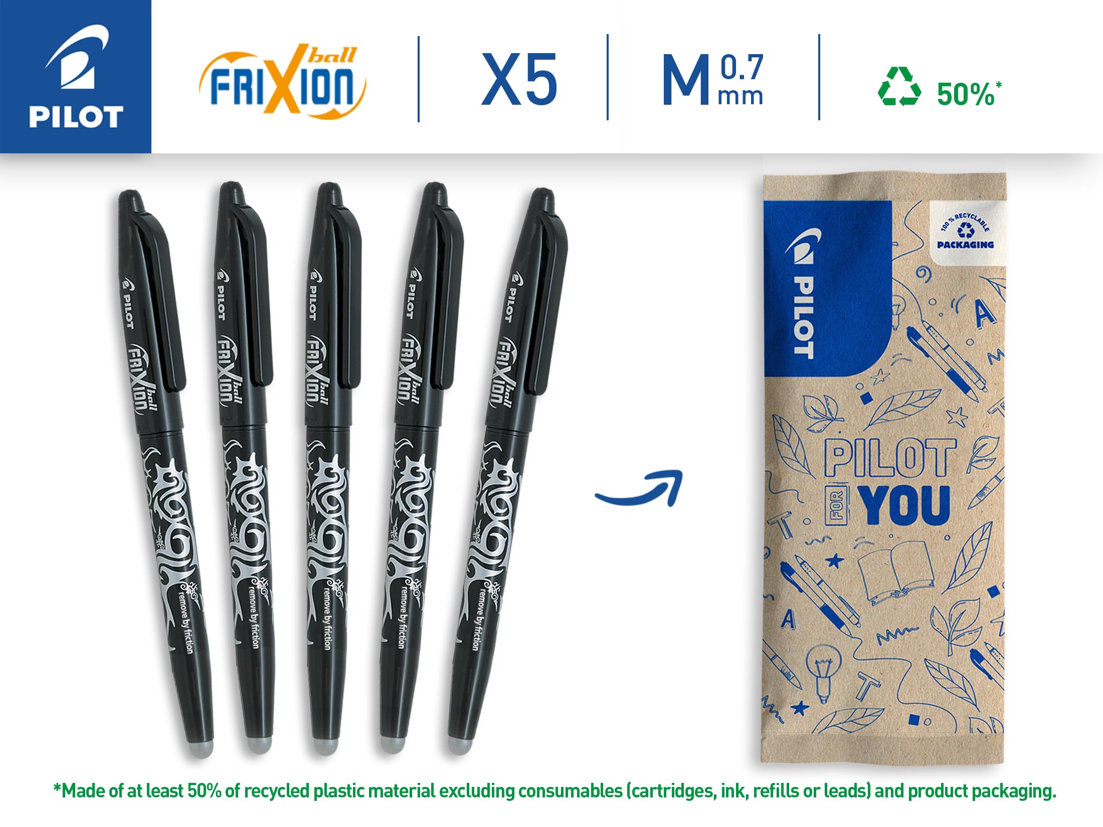 PILOT FriXion Ball Erasable Rollerball Pen - 0.7mm Tip | Pack of 5 Black Ink Pens 2