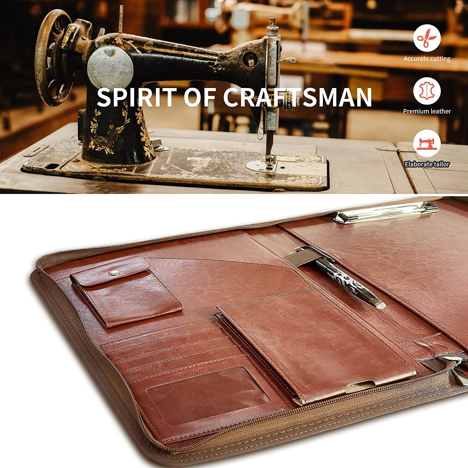 NEWYES Leather Zipper Conference Folder - A4 Size, Brown Faux Leather Organizer | Waterproof 6