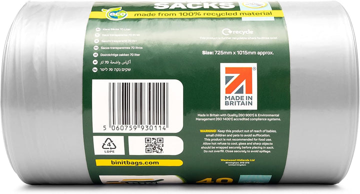 BIN IT Clear Large 70L Strong & Secure Tie Top Recycling Sacks - 100% Recycled LDPE