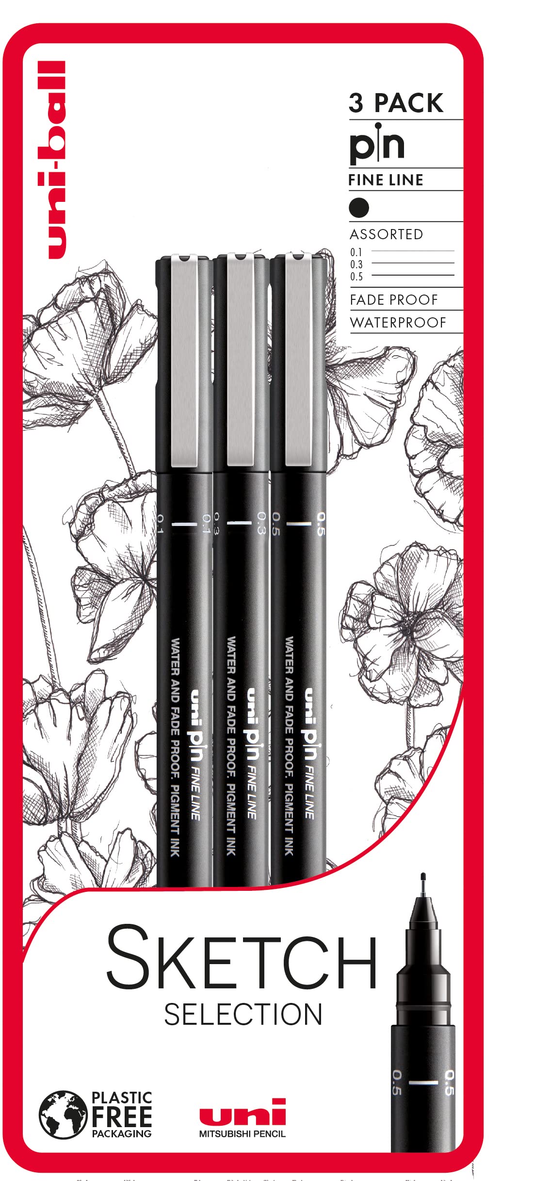 uni-ball PIN Fineliners - Black Fine Tip Set (0.1mm, 0.5mm, Brush) | Water & Fade-Resistant Ink | Pack of 3 1