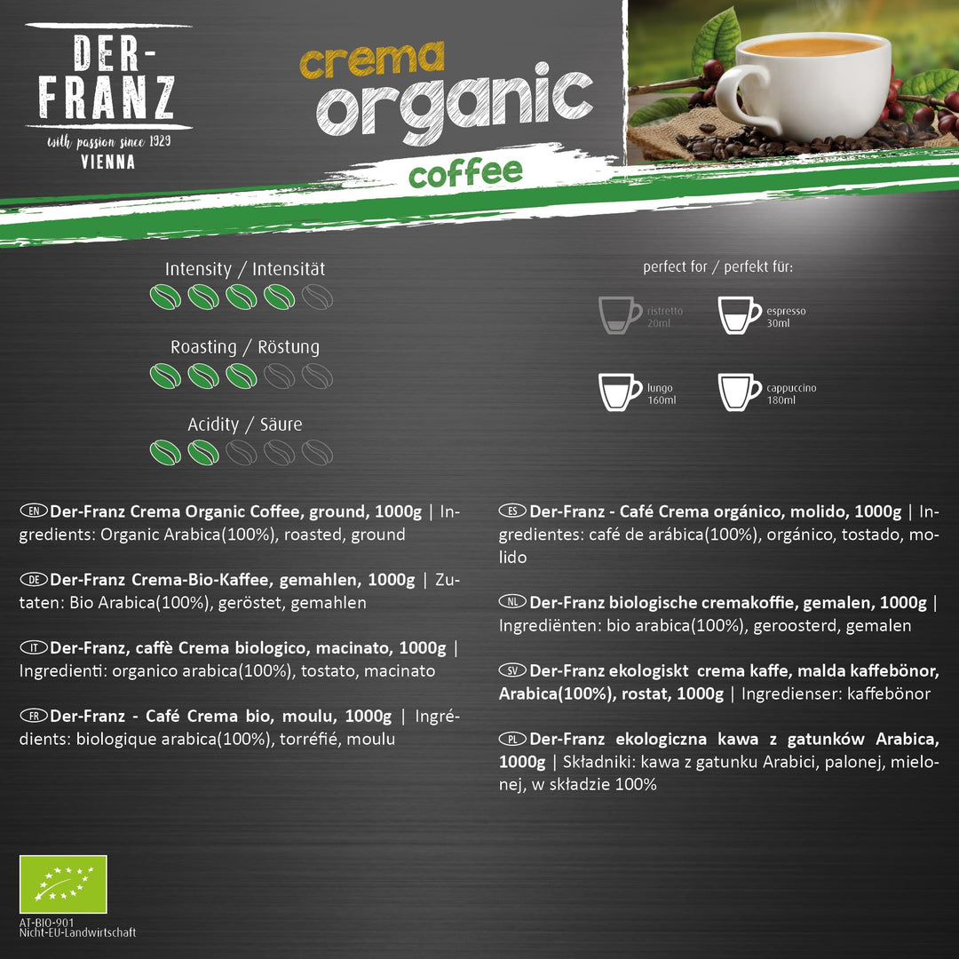 Der-Franz Crema Organic Coffee, Ground, 1000 g
