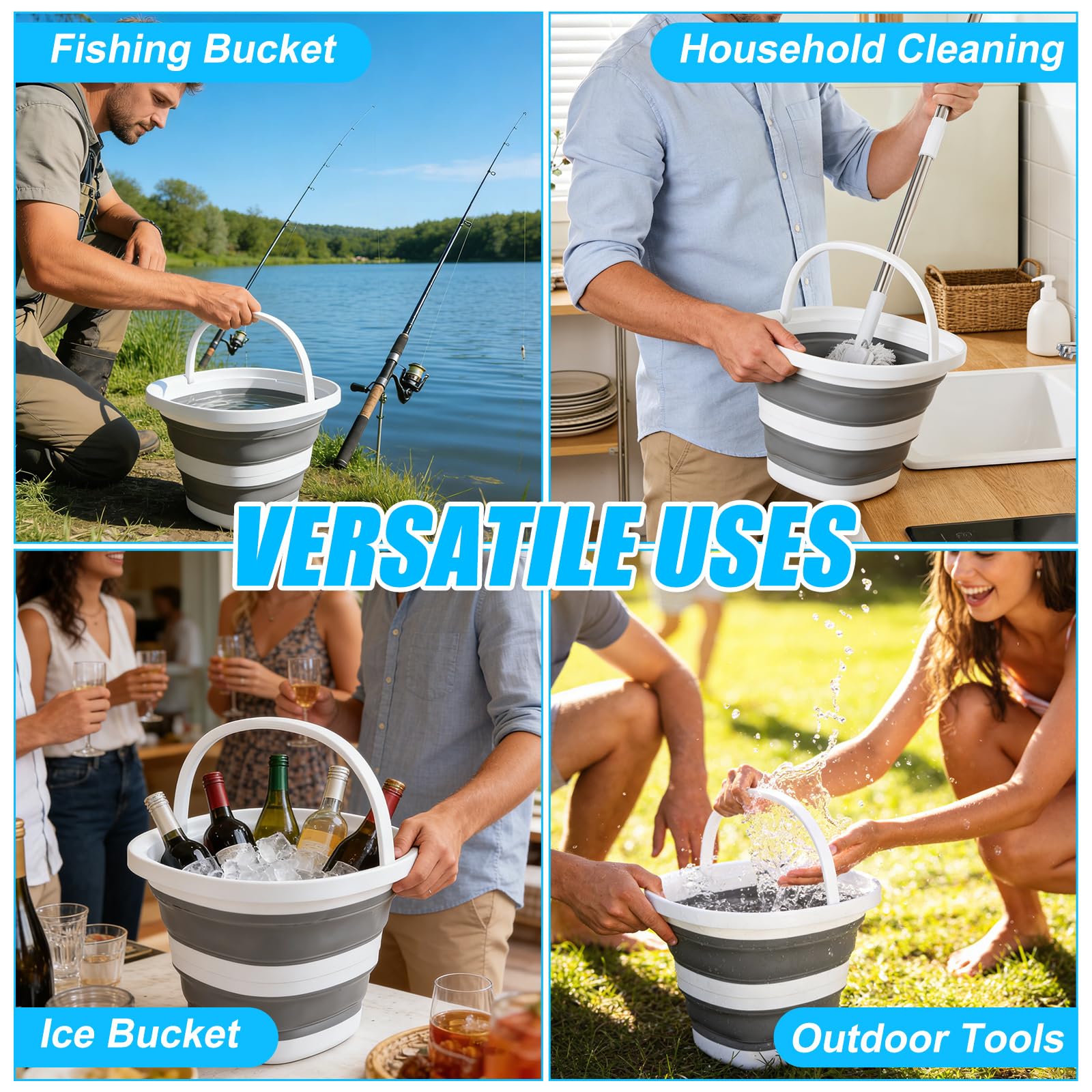 Lychico Collapsible Bucket 2-Pack - 10L & 5L Silicone Folding Water Buckets | Grey 7