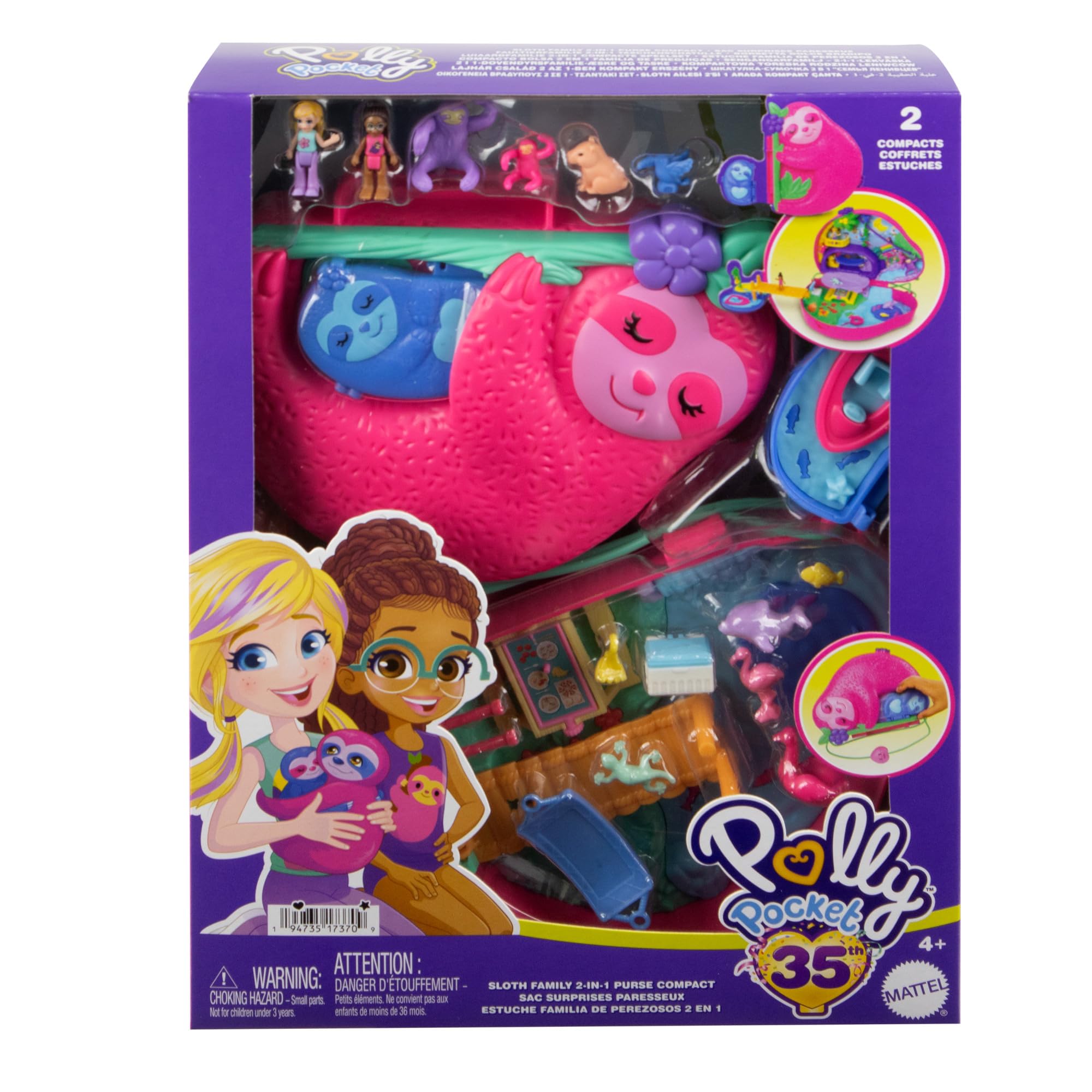 Polly Pocket Sloth 2-in-1 Purse Compact Playset with 2 Micro Dolls & 12 Accessories | Ages 4+ 7