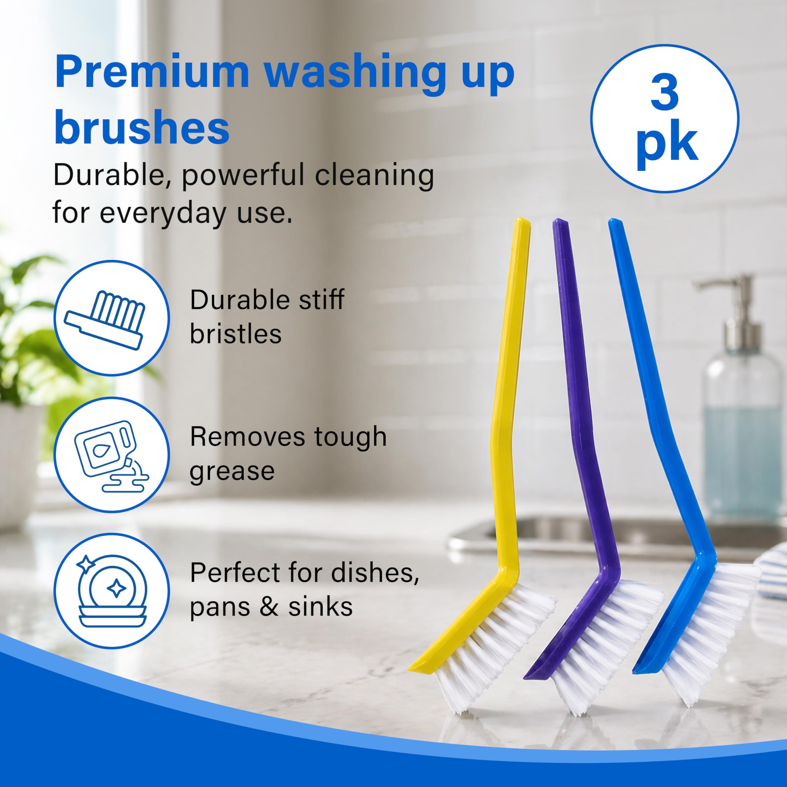DID Washing Up Brushes - Pack of 3 | Long Handle | Tough Bristles 2