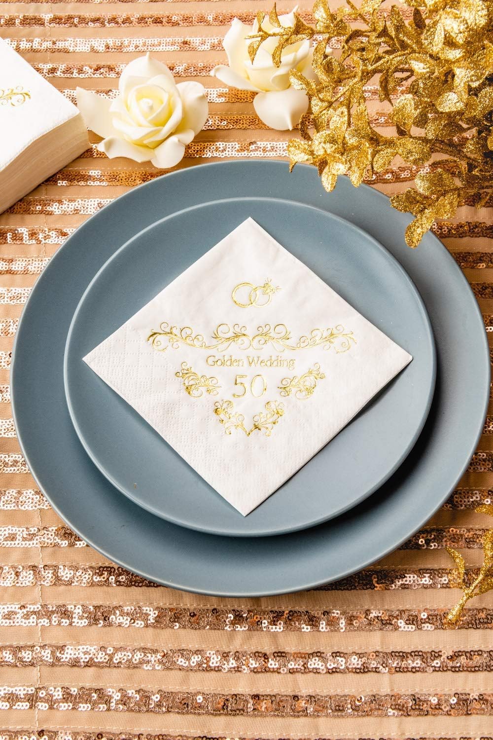 Crisky Gold Foil 50th Anniversary Napkins, 3-Ply Cocktail Napkins for Wedding Party Decor