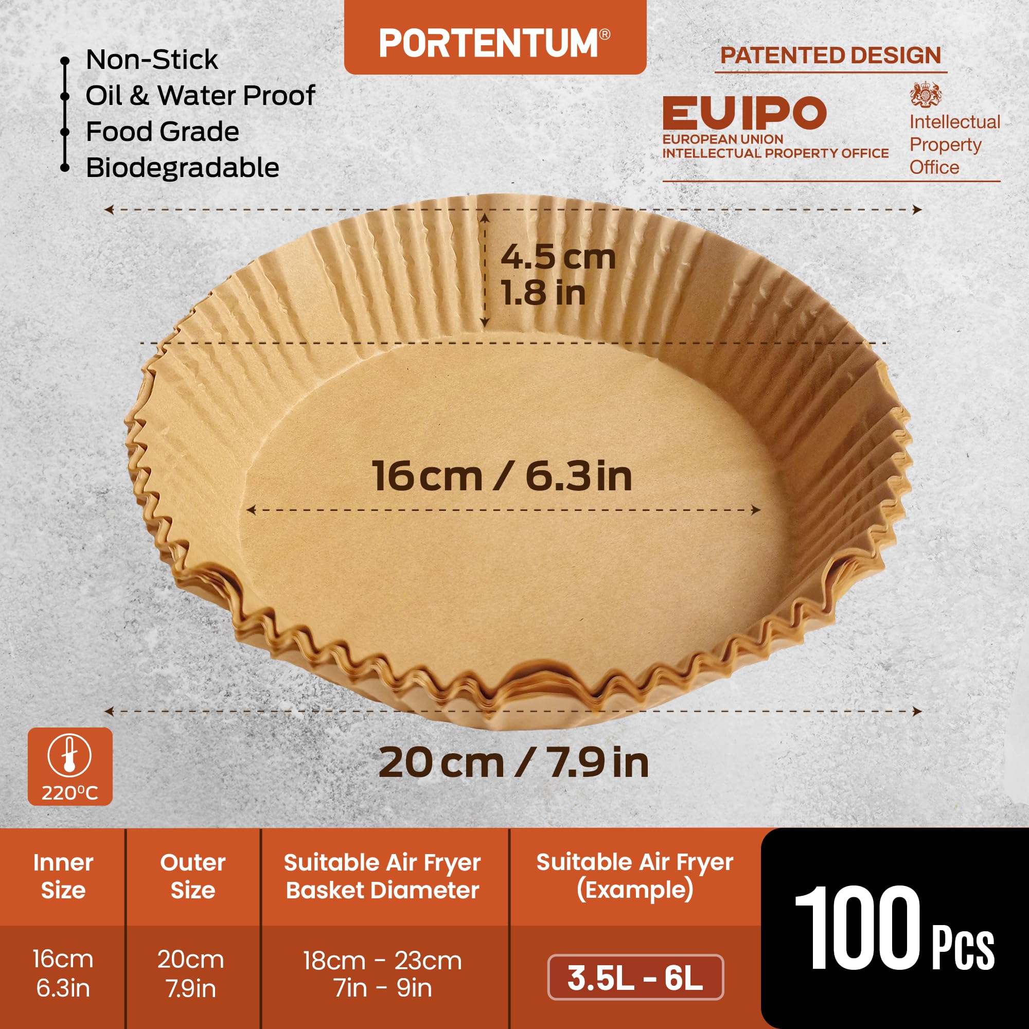 PORTENTUM Air Fryer Liners - 100PCS Disposable, Unbleached, Greaseproof Round Paper 3