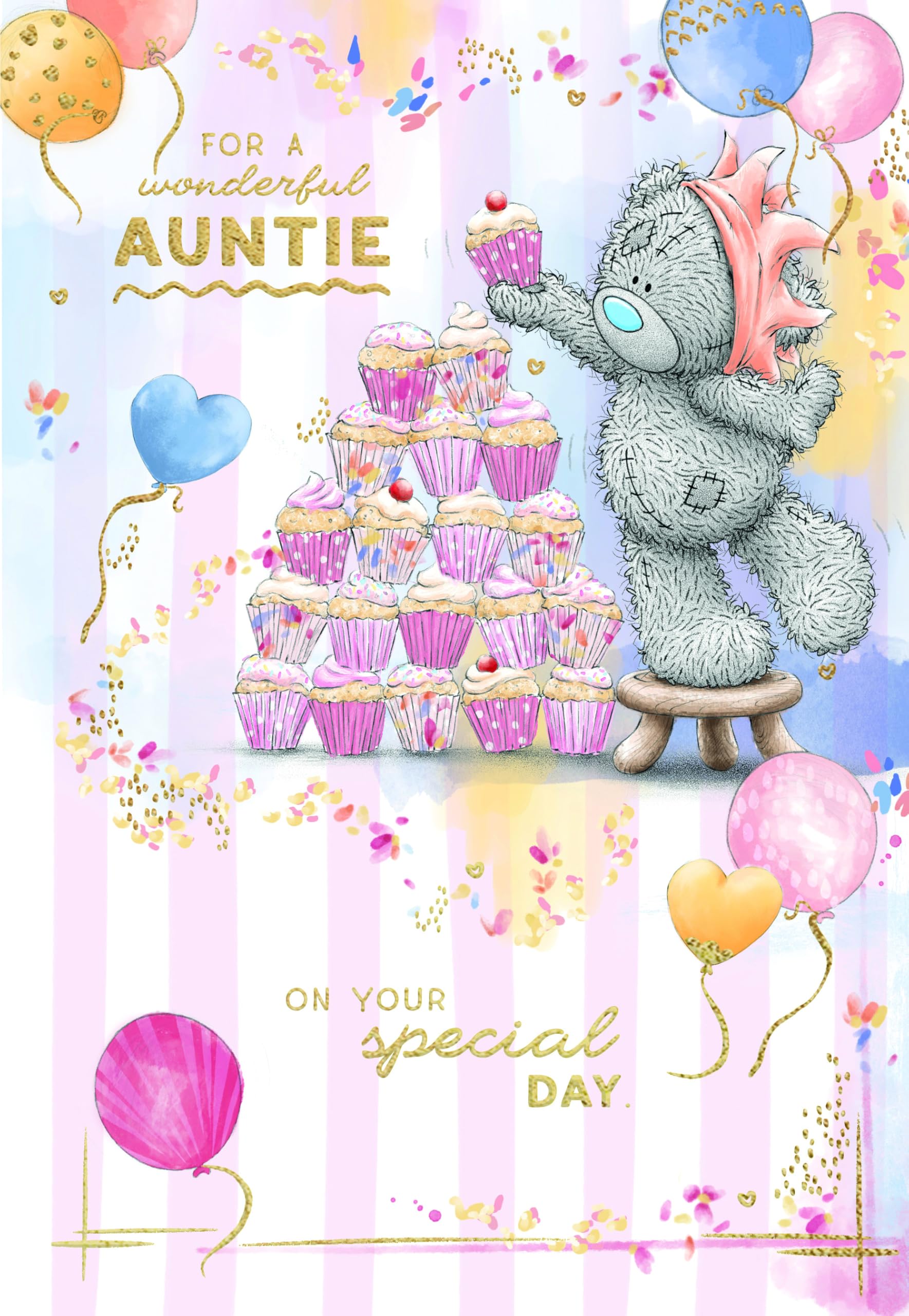 Me To You Tatty Teddy Wonderful Auntie Bear Stacking Cupcakes Luxury Gold Foil Birthday Card | 6 x 9 Inch