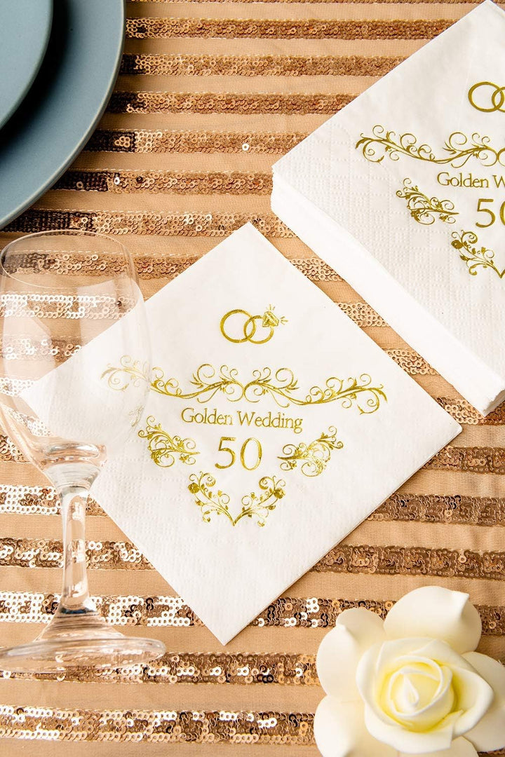 Crisky Gold Foil 50th Anniversary Napkins, 3-Ply Cocktail Napkins for Wedding Party Decor