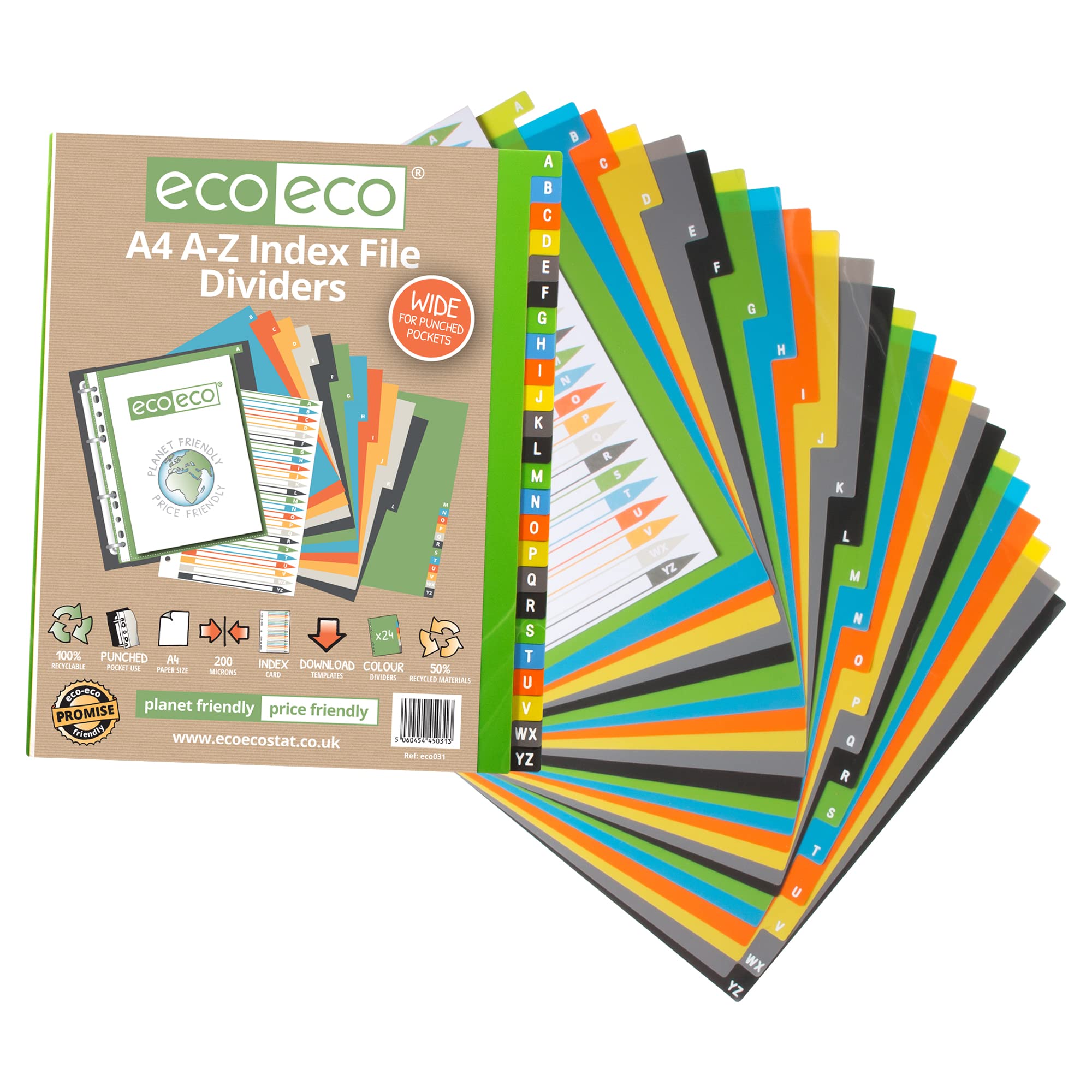 eco-eco A4 Index File Dividers - 24 Set A-Z Wide, 50% Recycled Material