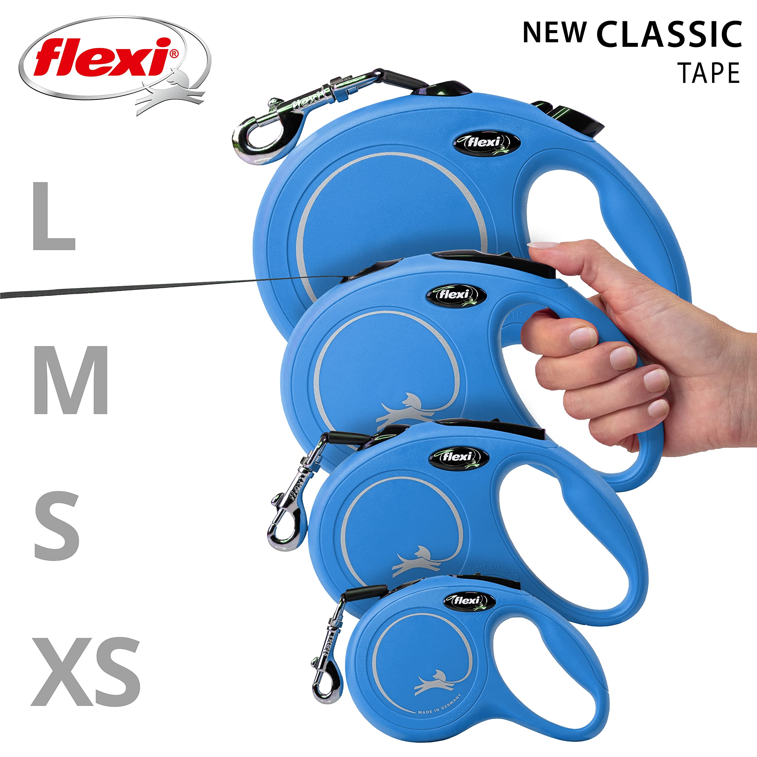 flexi New Classic Retractable Lead - 8m Tape for Dogs up to 50kg | Blue | L Size 5