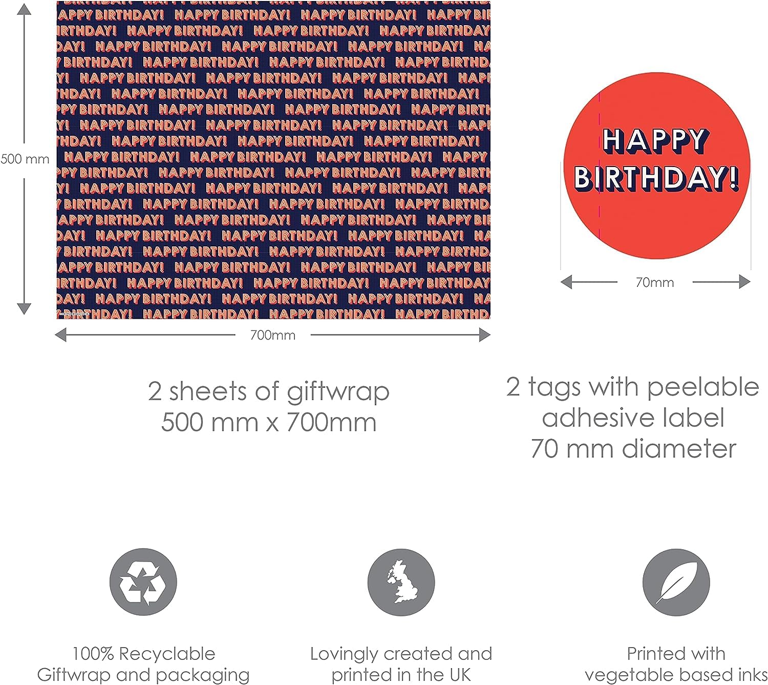Abacus Birthday Text Gift Wrap Pack - 2 Sheets & 2 Tags | 100gsm Coated Paper | Plastic Free 5