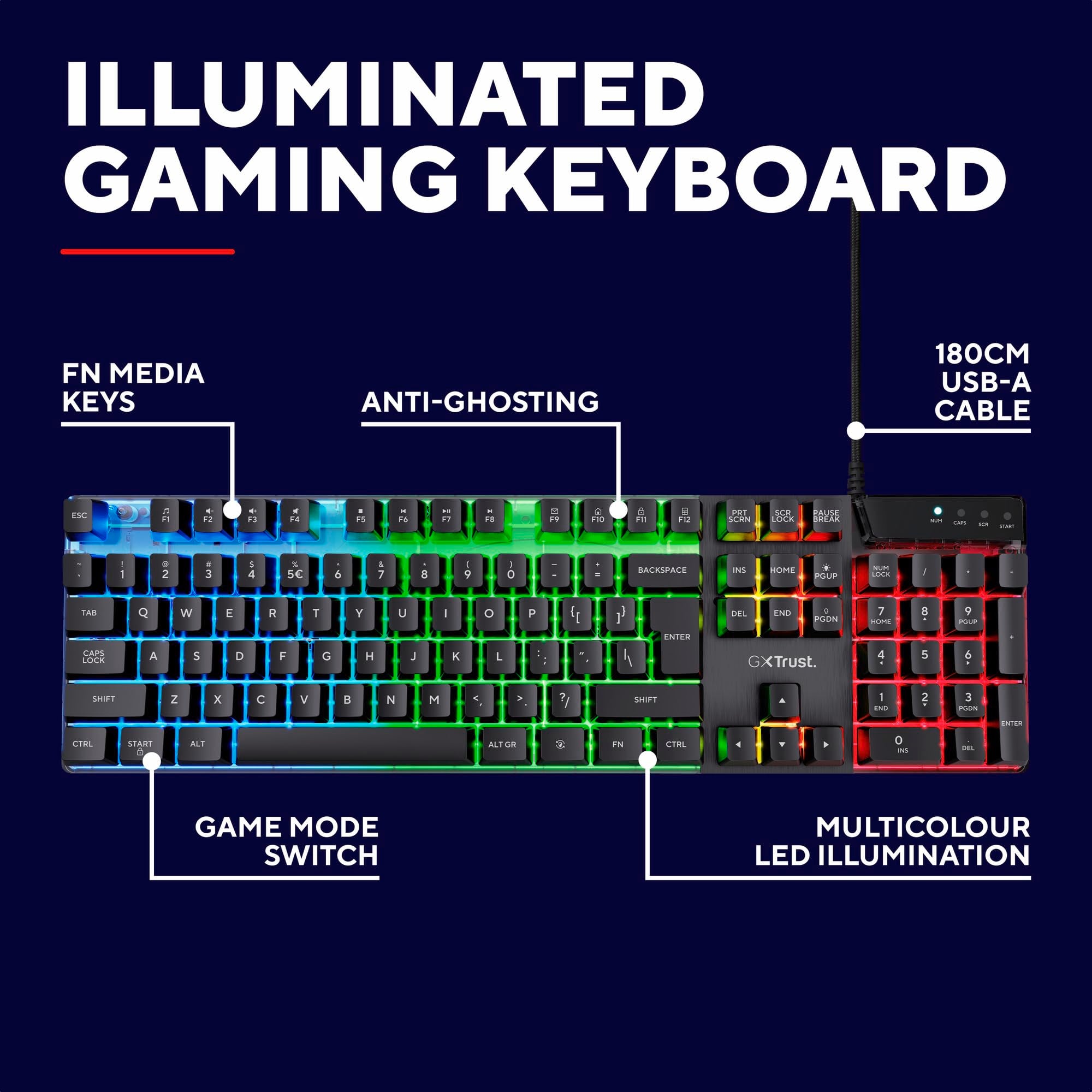 GXTrust GXT 835 Azor Gaming Keyboard - Full Size UK QWERTY, 3 LED Modes, Anti-Ghosting 3
