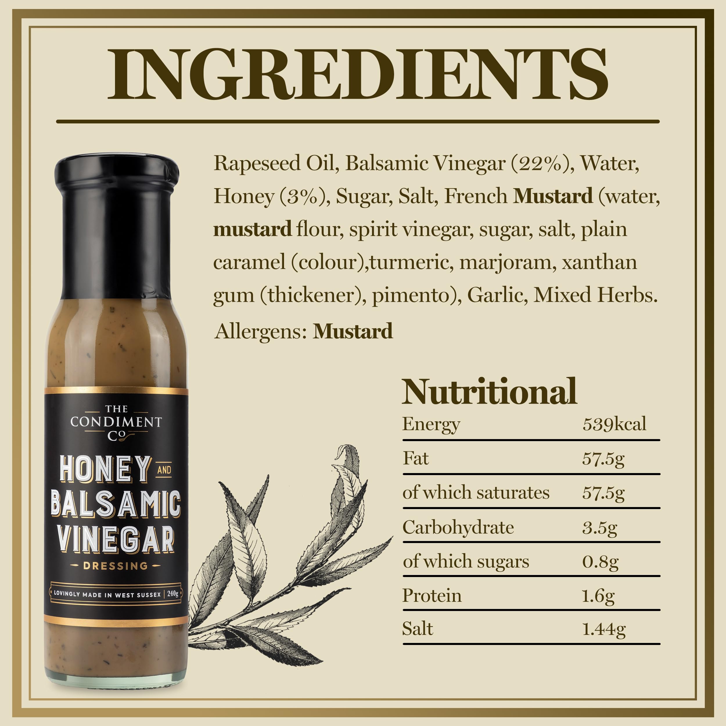 The Condiment Company Honey Balsamic Vinegar Dressing 240g 6