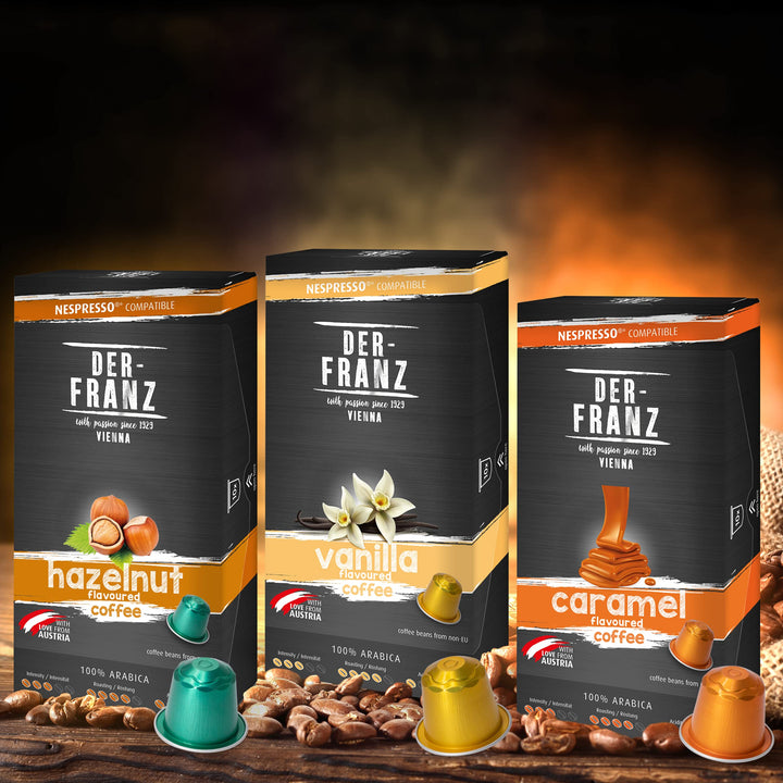 Der-Franz Hazelnut, Vanilla and Caramel Flavored Coffee Capsules, 120 Count (12x10) - Nespresso Compatible