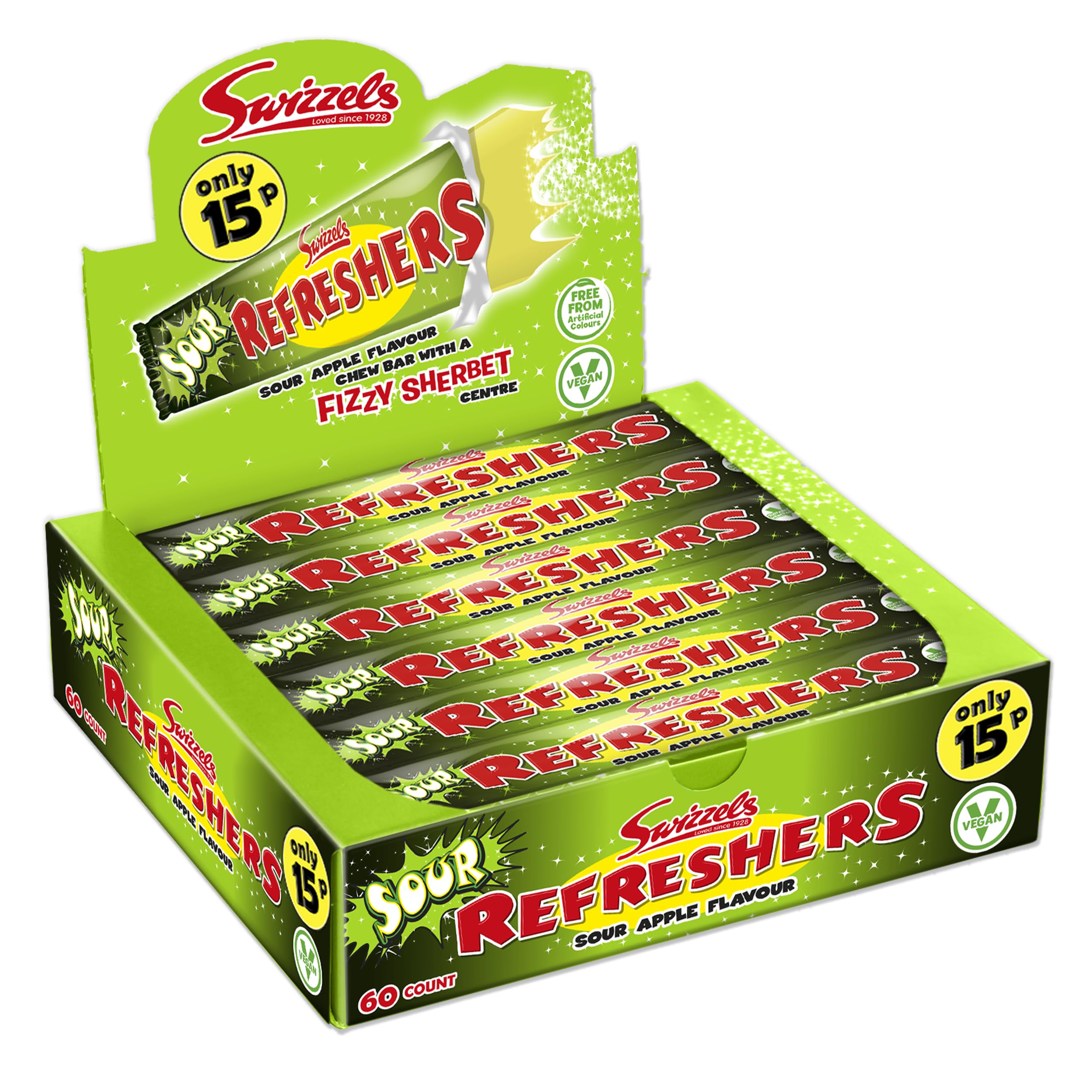 Swizzels Refreshers Sour Apple Chew Bars - Fizzy Sherbet Centre | 60 Count Pack