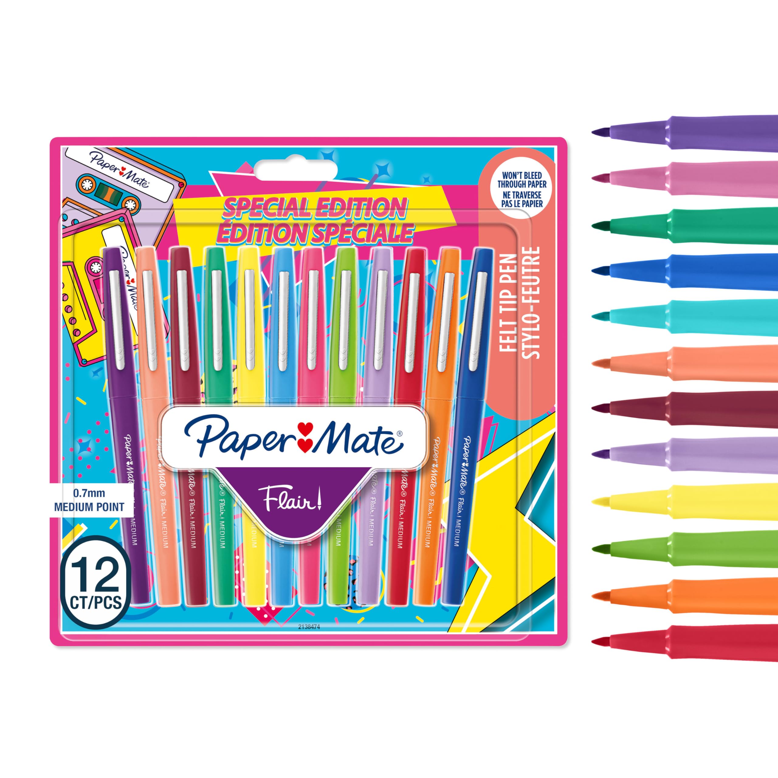 Paper Mate Flair Felt Tip Pens - Medium Point 0.7 mm | 12 Count Assorted Retro Colours | Smudge-Resistant Ink for Journalling & Colouring