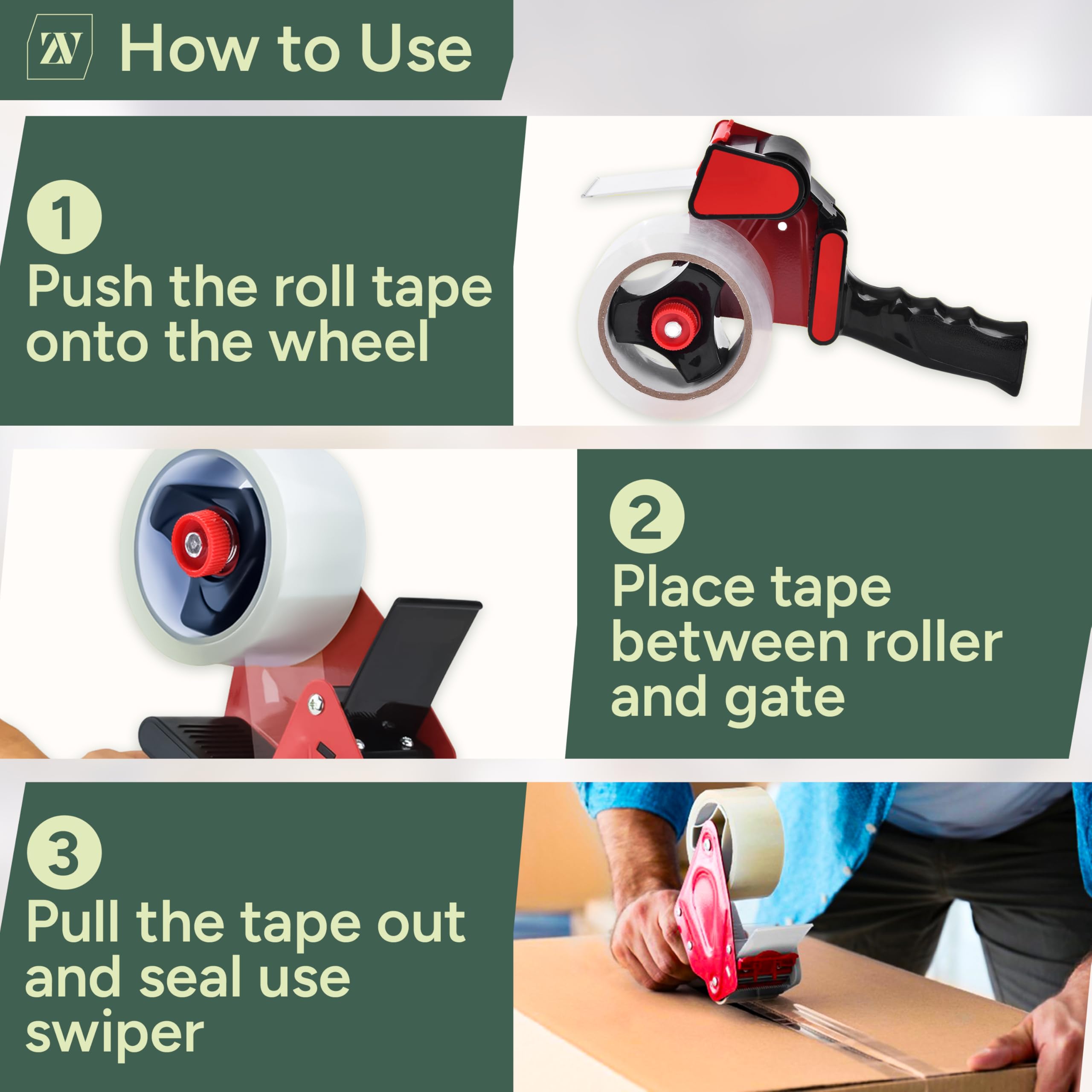Zuvo Heavy-Duty Packaging Tape Dispenser with 6 Rolls of Clear Tape | 48mm Width 5