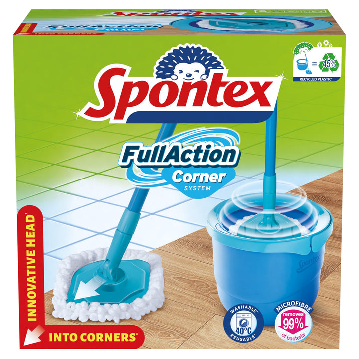 Spontex Full Action Corner System Spin Mop and Bucket Set with Microfibre Head