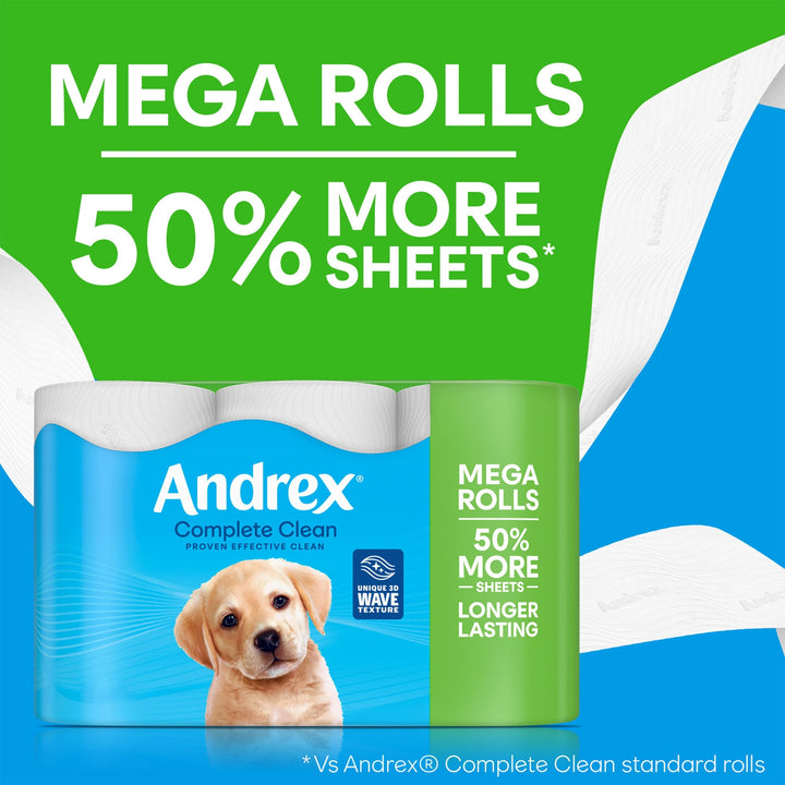 Andrex Complete Clean 12 Mega Toilet Rolls (Equivalent to 18 Standard Rolls), 50% More Sheets, White