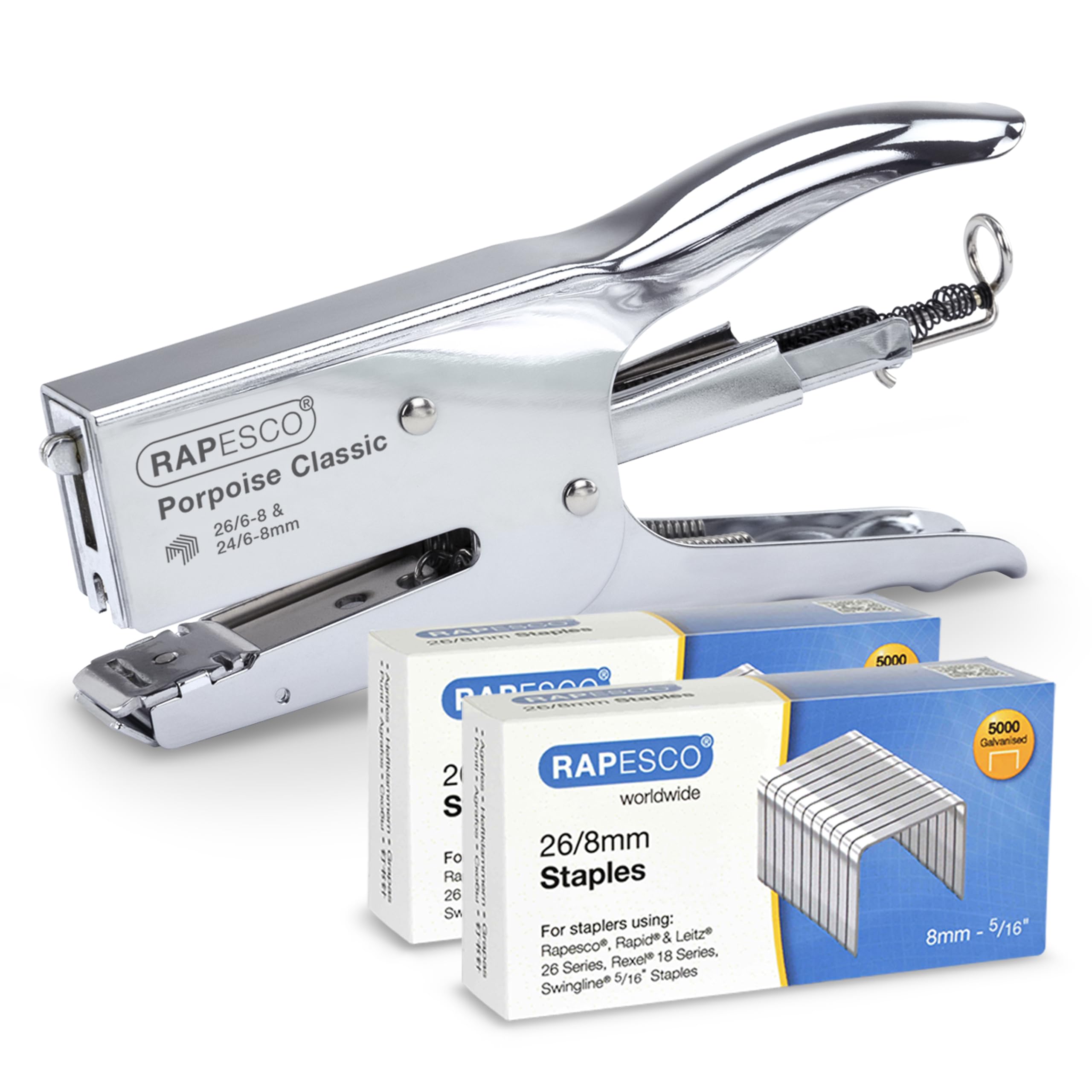 RAPESCO 1298A Plier Stapling Set - 45 Sheet Capacity, Chrome Metal, Includes 2 Boxes of 5000 Staples 1