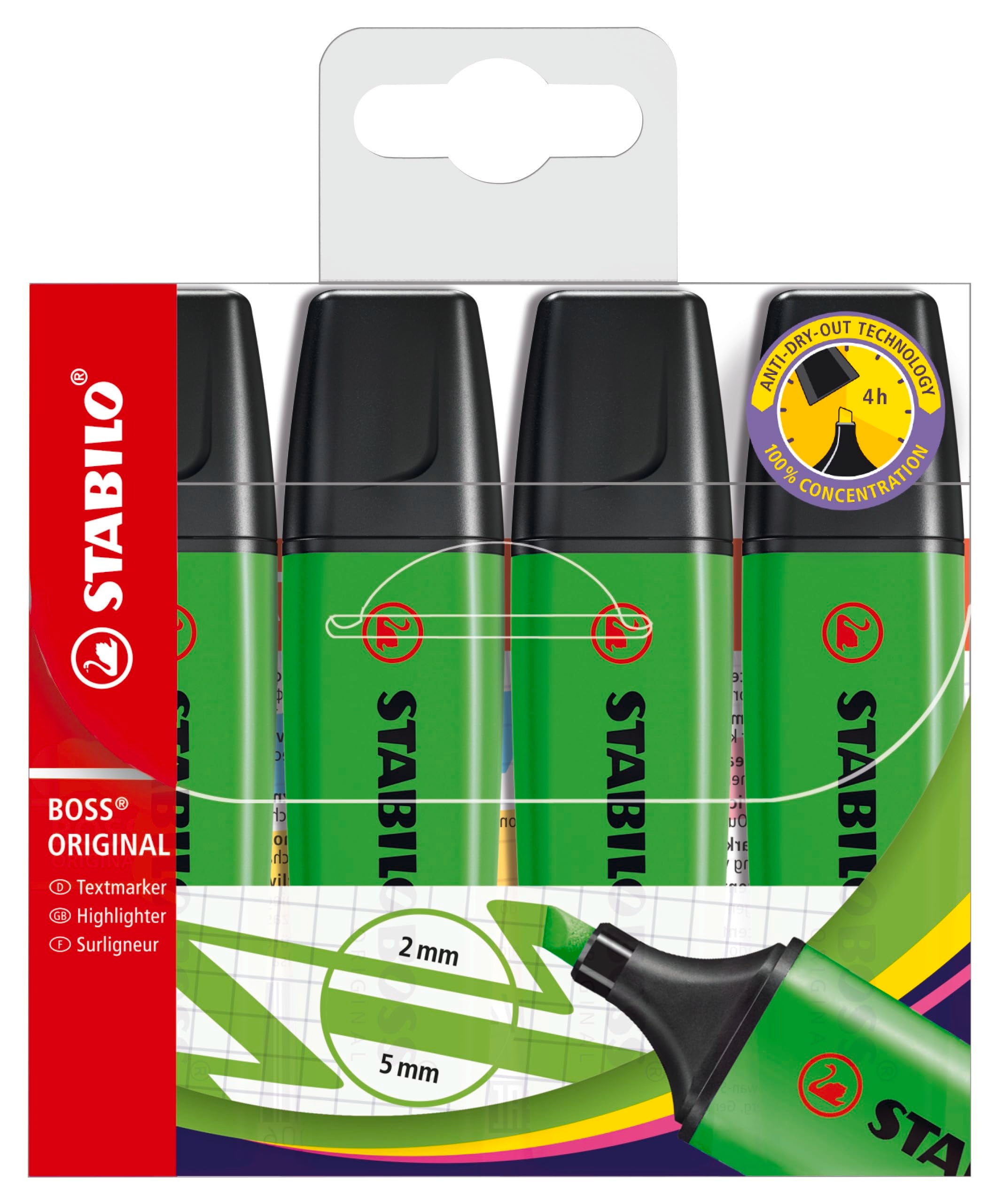 STABILO BOSS ORIGINAL Highlighter - Pack of 4 Green | 2mm & 5mm Line Widths | 4 Hour Cap-Off Time 1