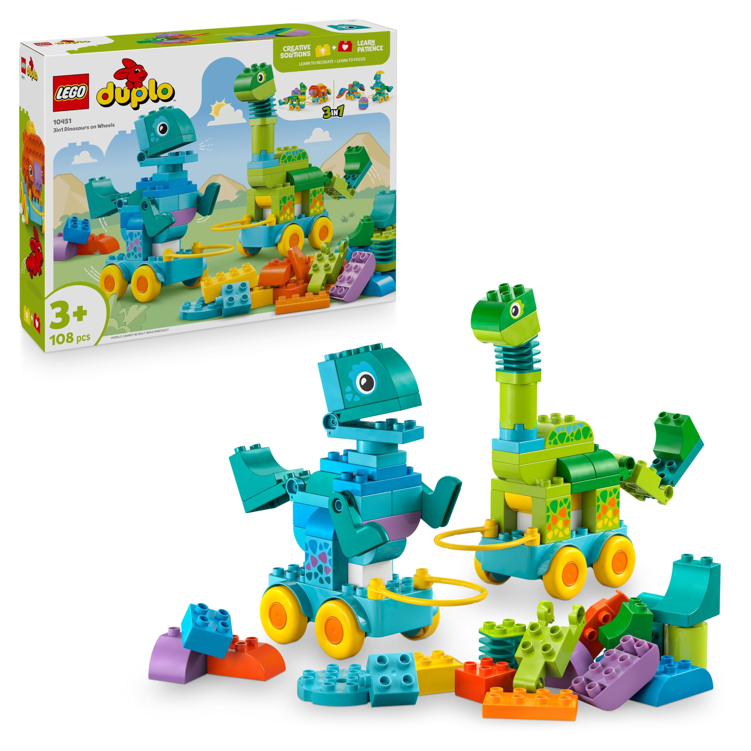 LEGO DUPLO 3in1 Dinosaurs on Wheels - Educational Building Set for Toddlers 3+