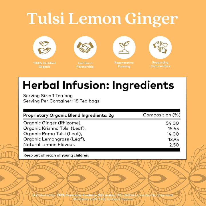 Organic India Tulsi Lemon & Ginger Tea, Caffeine-Free Herbal Tea, Certified Organic