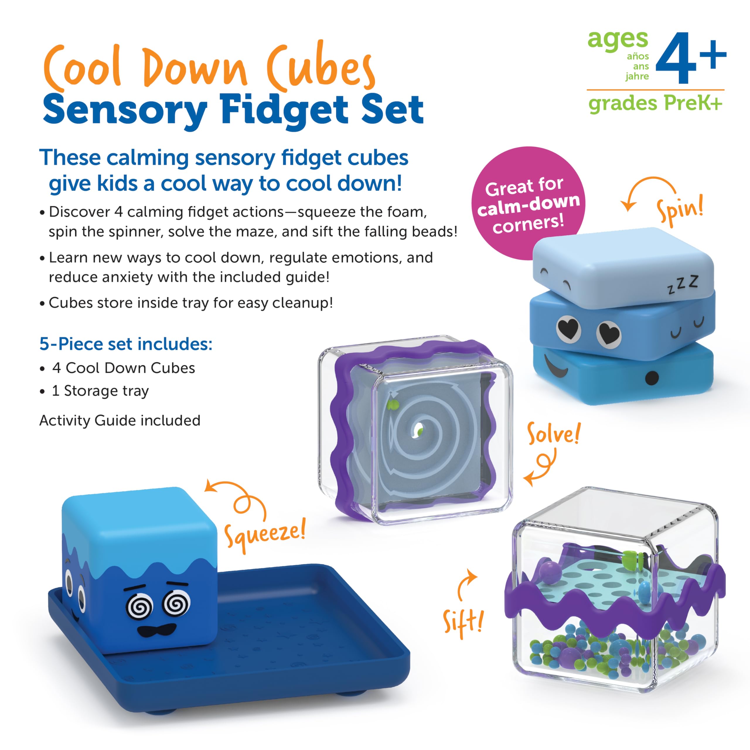 Learning Resources Cool Down Cubes Sensory Fidget Toy Pack - 4 Fidget Actions | Ages 4+ | Multicolor 6