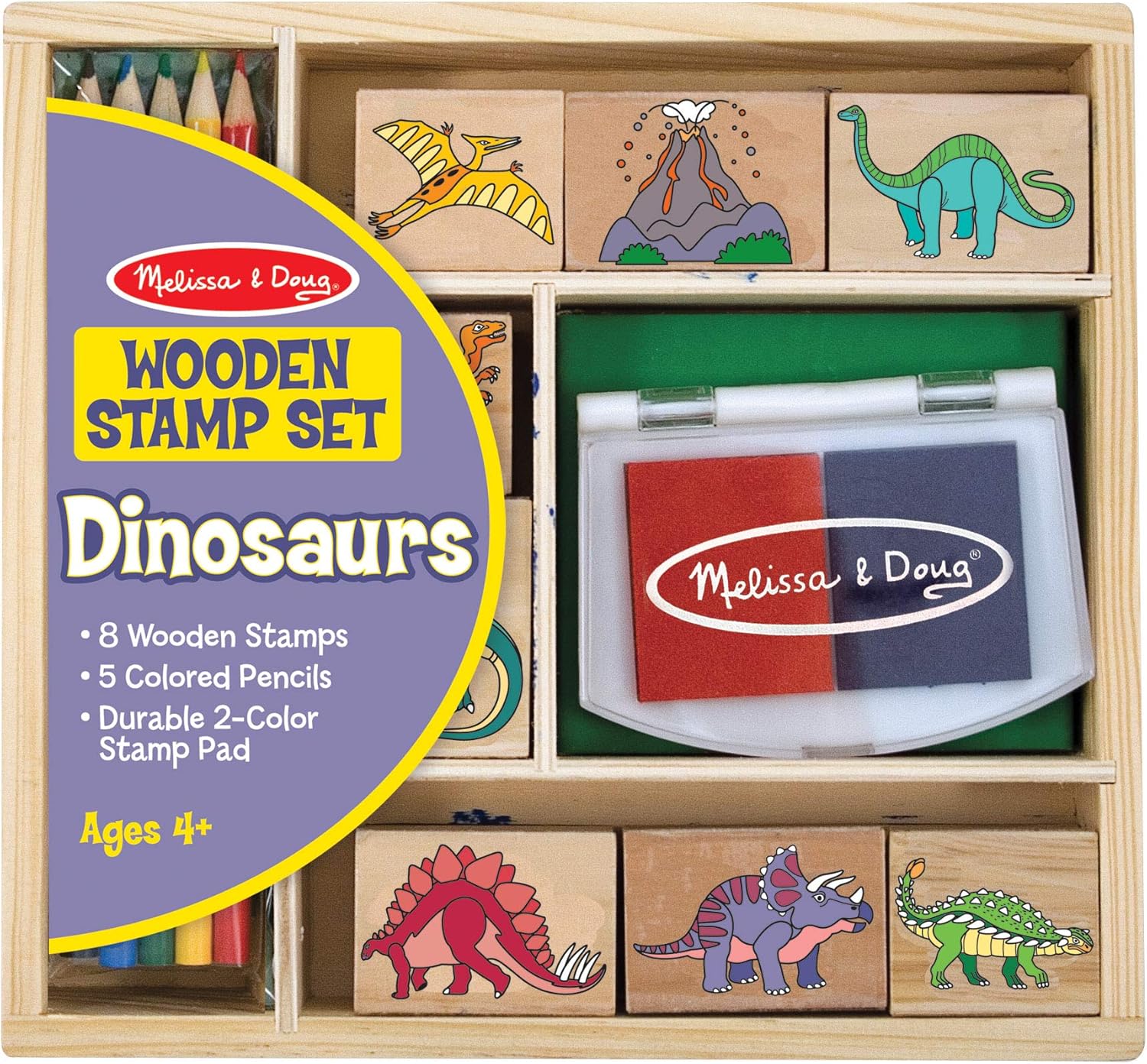Melissa & Doug Dinosaur Stamp Set - 8 Stamps, 2-Color Inkpad & Colored Pencils, Ages 4+ 1