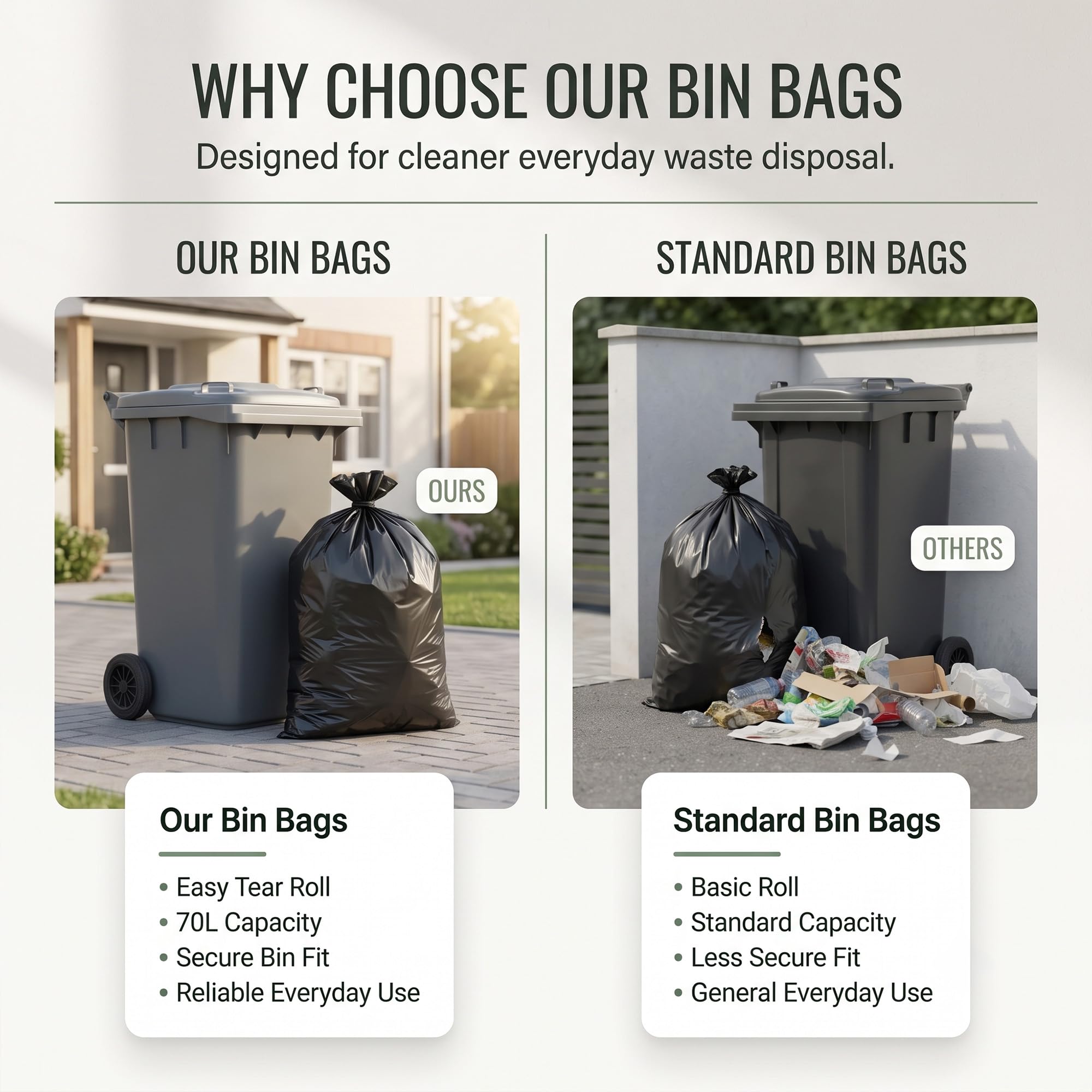EasyBin 70L Bin Bags - 50 Count Black Refuse Sacks | Easy Tear Roll | Durable Plastic 7