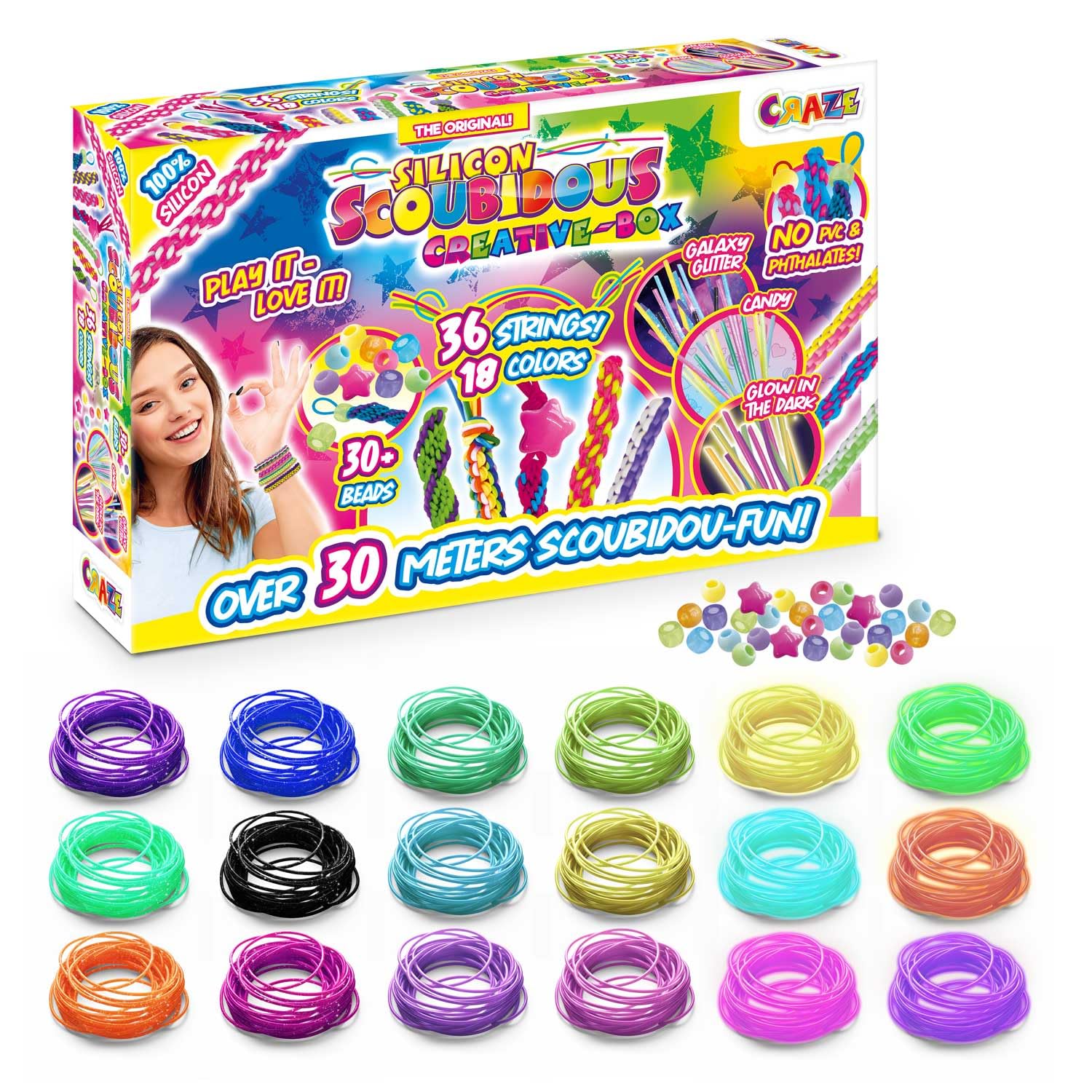 CRAZE Scoubidou Creative Box - 36 Silicone Strings, 30+ Charms & Beads, Ages 8+ 1
