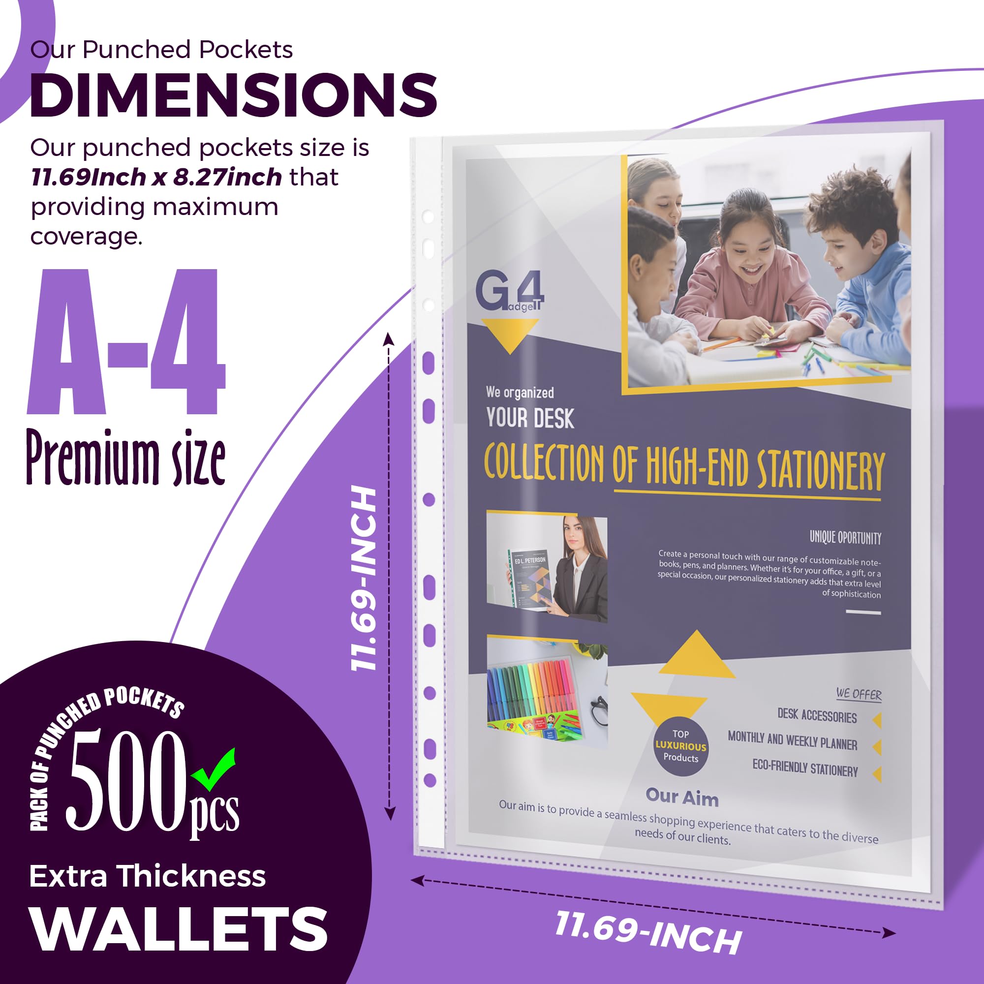 G4GADGET A4 Punched Pockets Value Pack - 500 Count | 10-15 Sheet Capacity | 30 Micron Clear Plastic 2