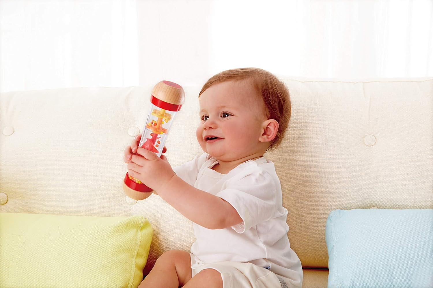 Hape Beaded Raindrops | Mini Wooden Musical Shake & Rattle Rainmaker Toy, Red 6