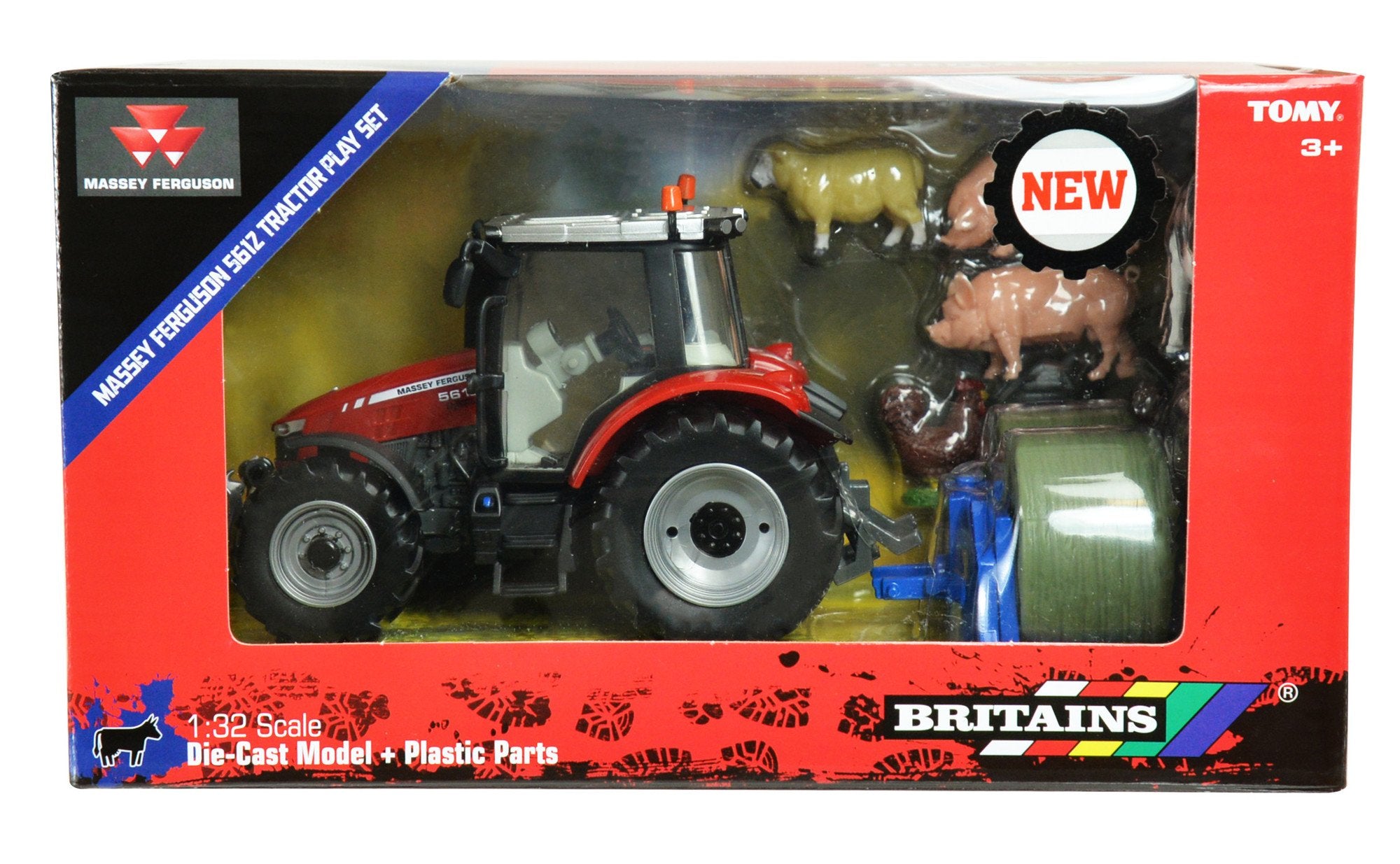 Britains Massey Ferguson 5612 Tractor Playset - 1:32 Scale Farm Toy with Animals & Bale Lifter 12