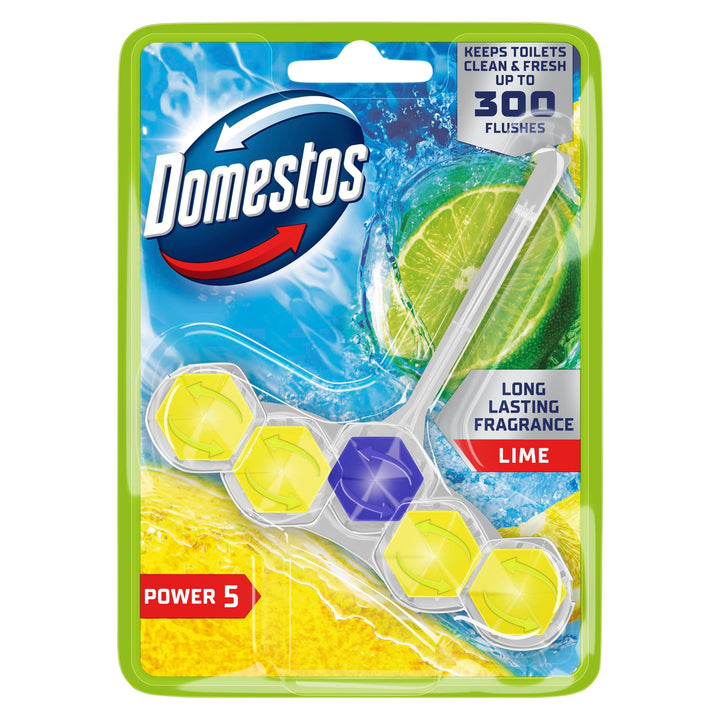 Domestos Power 5 Lime Toilet Rim Block - Long-Lasting Toilet Freshener for Up to 300 Flushes