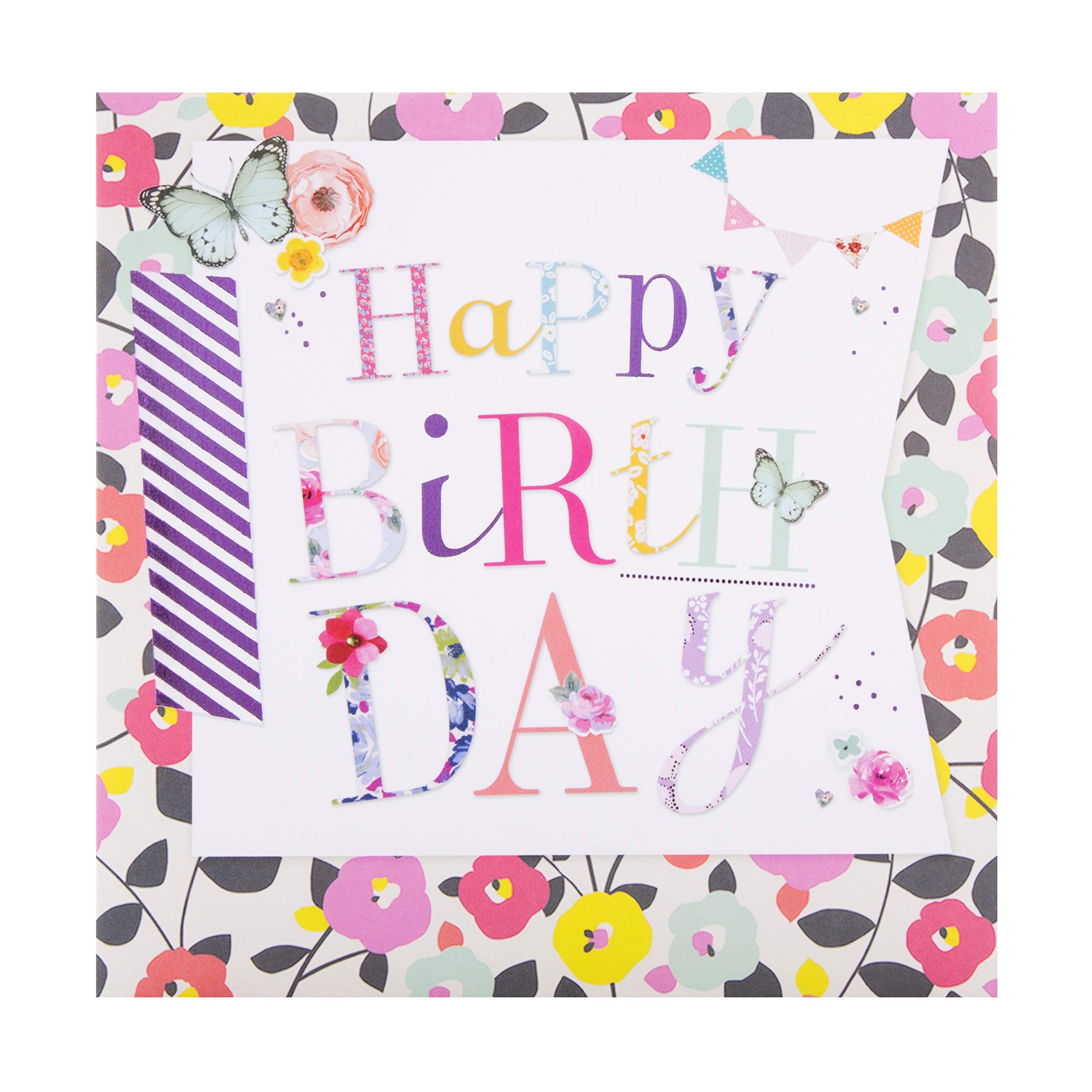 Hallmark Birthday Greeting Card - Butterfly & Floral Design | Embossed & Purple Foil | 16cm Square