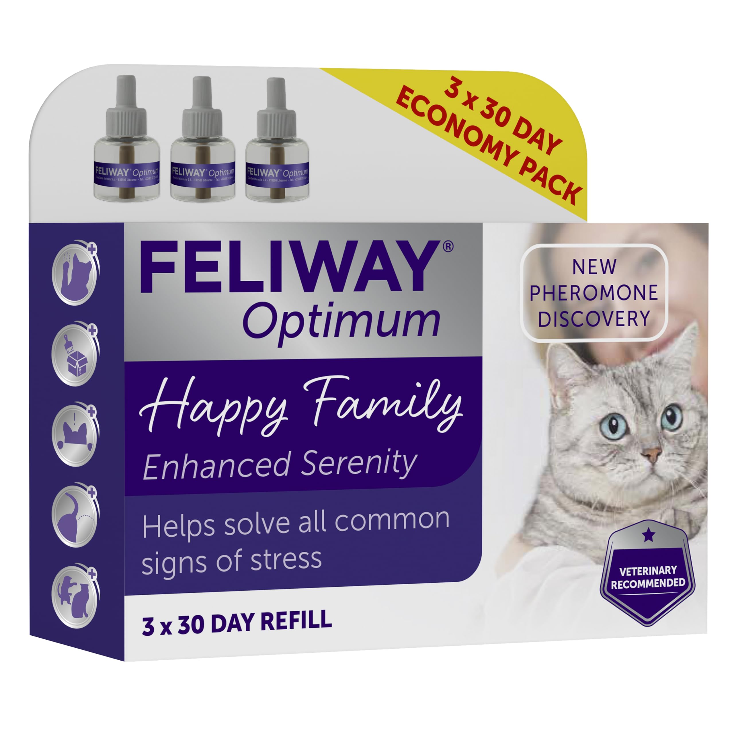 Feliway Optimum Cat Calming Refills - 3 x 30 Day Supply | Drug-Free | Covers up to 70m²