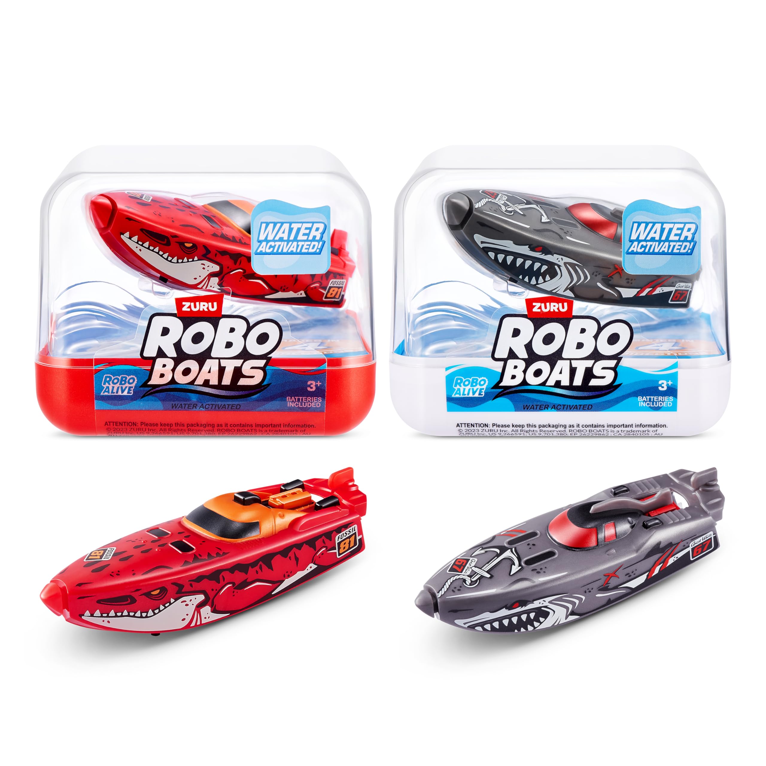 Robo Alive Robo Boats - Water Activated Speed Boats | 2 Pack | White Shark & Dino Shark