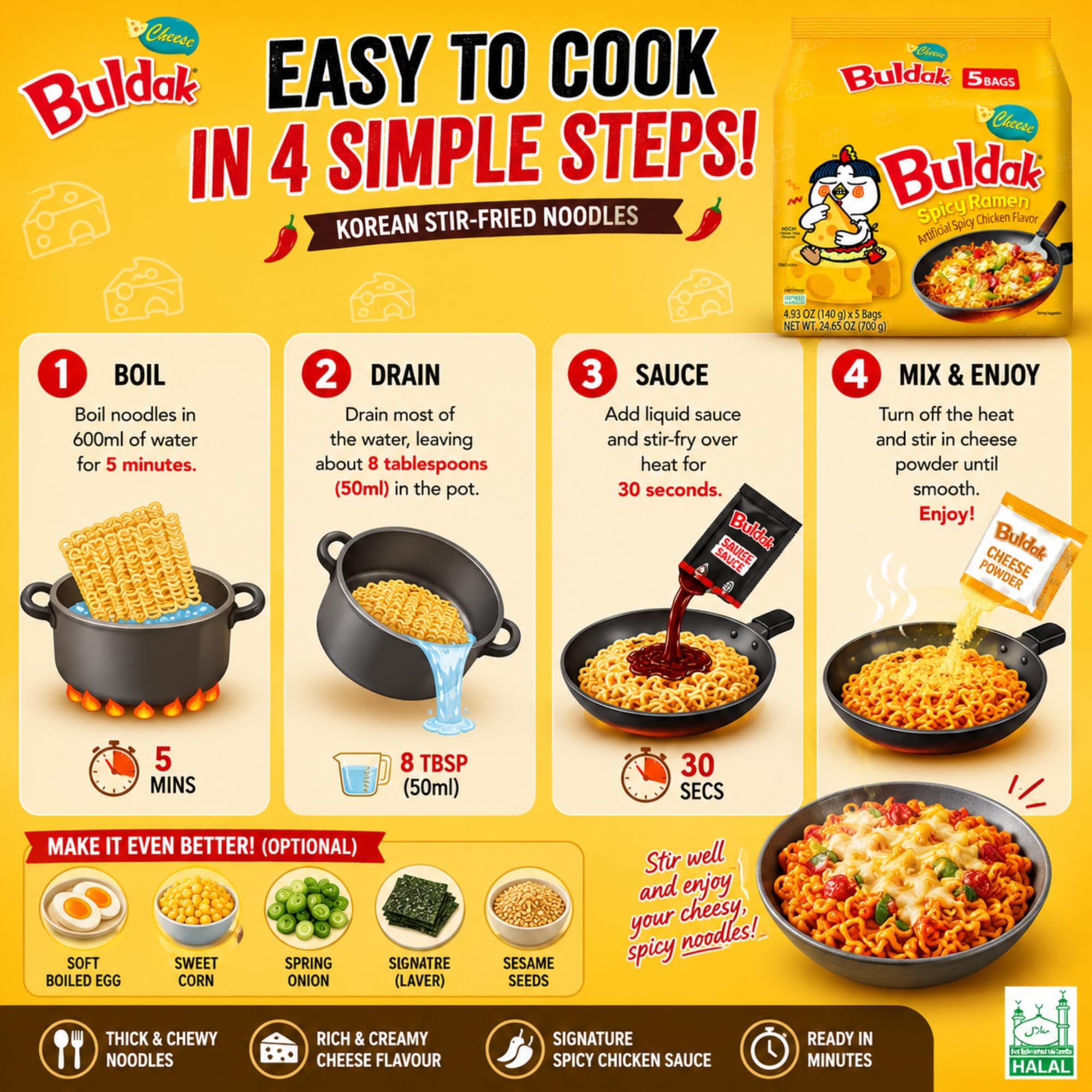 Buldak Noodles Cheese Spicy Chicken Flavor Ramen - 10 Pack 4