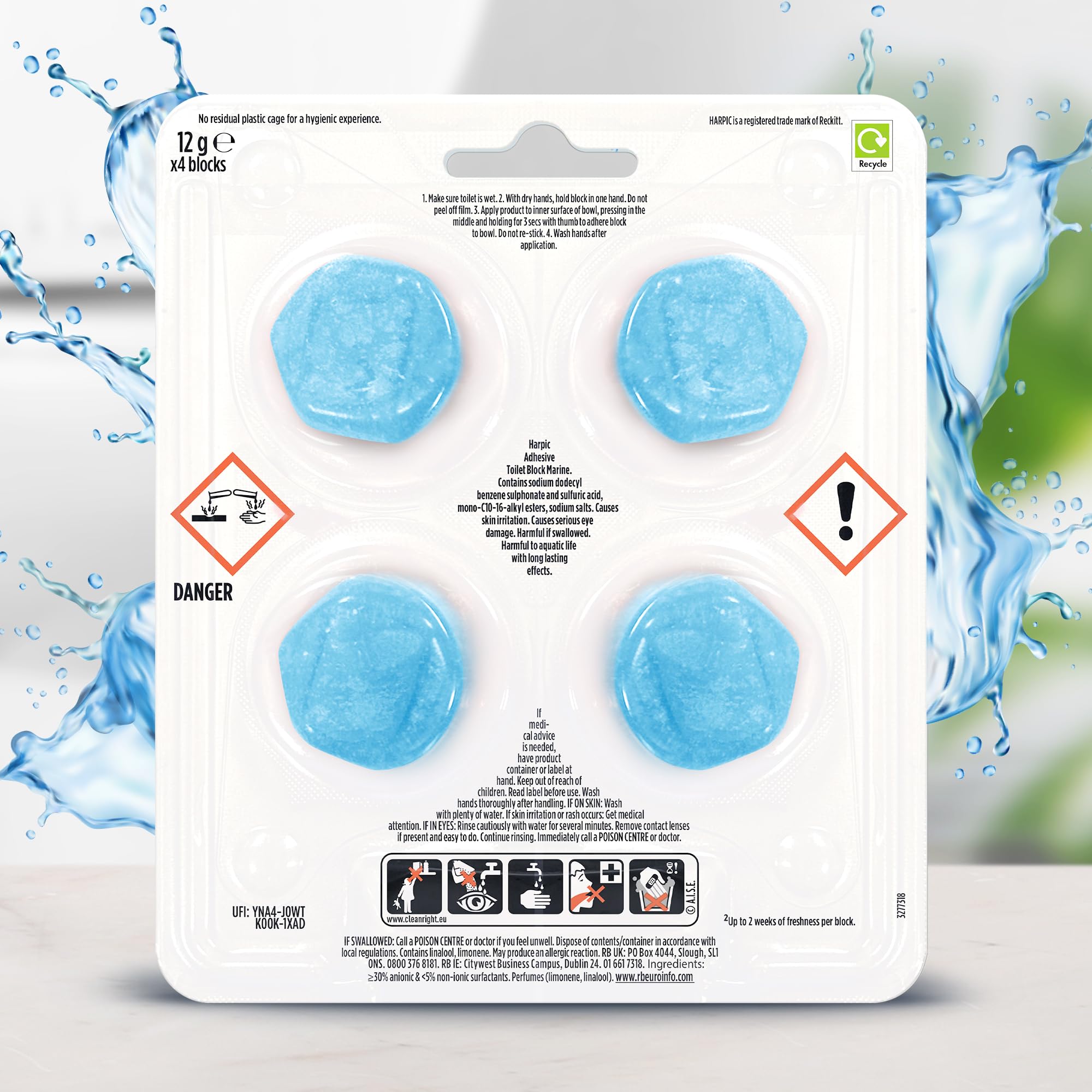 Harpic Hygienic Fresh Sticker Adhesive Toilet Block, Marine Scent, Pack of 1 (4 Tablets) 9