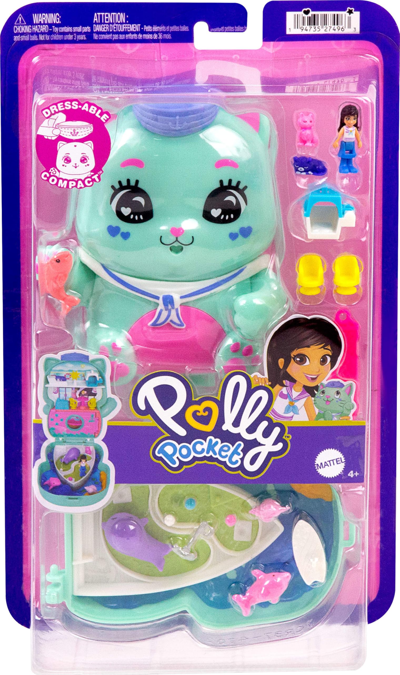 Polly Pocket Set Sail Kitty Compact Playset - Micro Doll with 10 Accessories & 2 Pet Cats, Ages 4+ 5