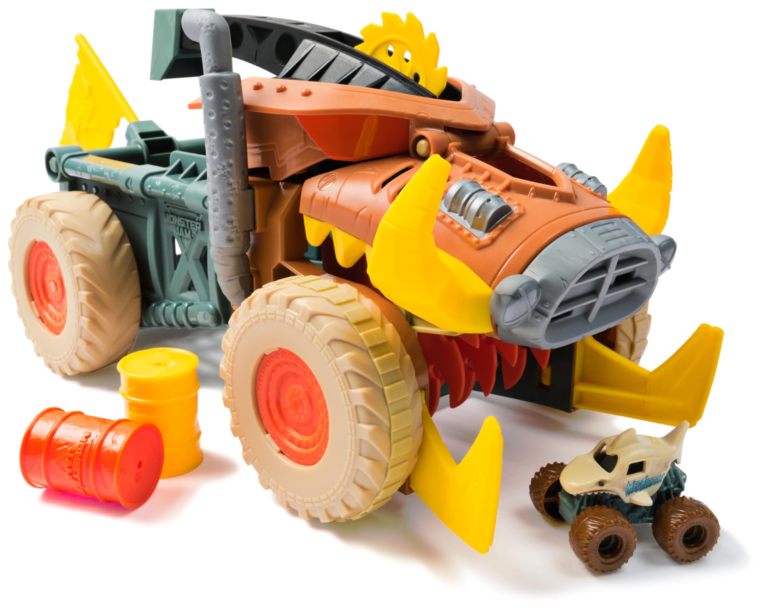 Monster Jam Mini Jams Megalodon Mad Hog Chomper Playset | 1:87 Scale Truck & Barrels 1