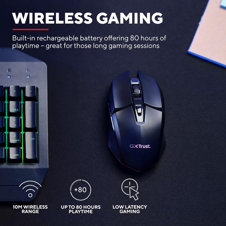 Trust Gaming GXT 110 Felox Rechargeable Wireless Gaming Mouse – 80H Battery, 800-4800 DPI, RGB LED, 6 Buttons