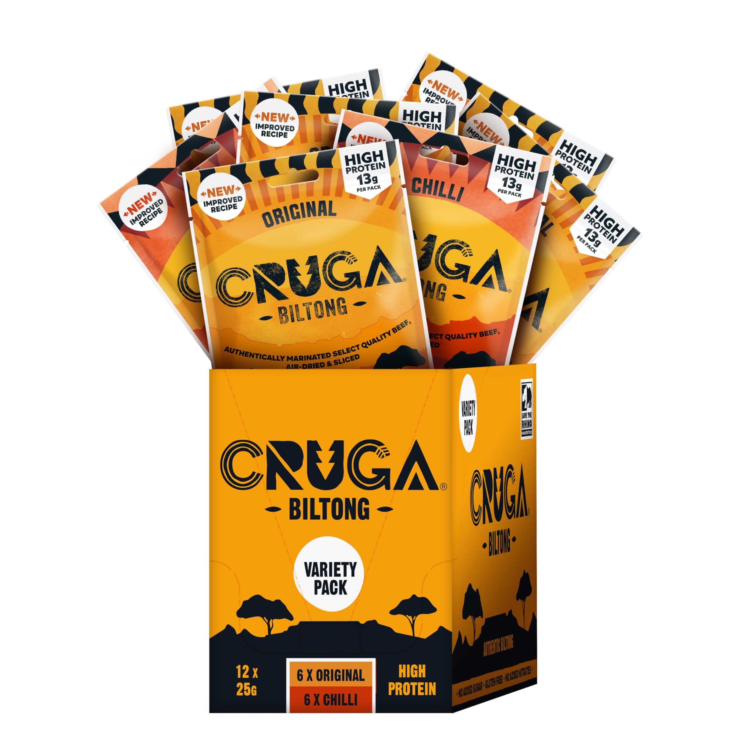 Cruga - Biltong Beef Jerky Multipack with Original & Chilli Flavours (12 x) 1
