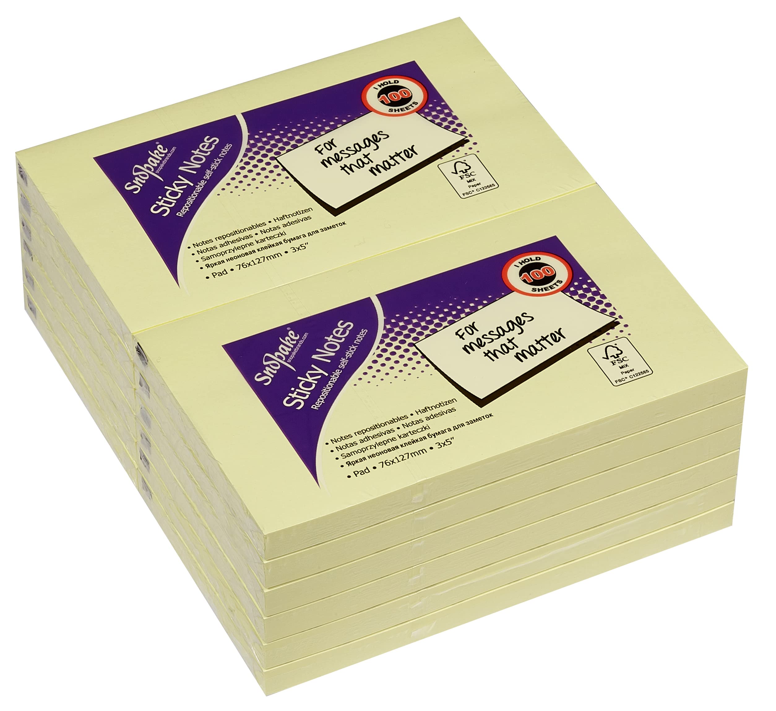 Snopake Yellow Self-Stick Notes - 127 x 76 mm | 12 Pads of 100 Sheets | Stronger Adhesive
