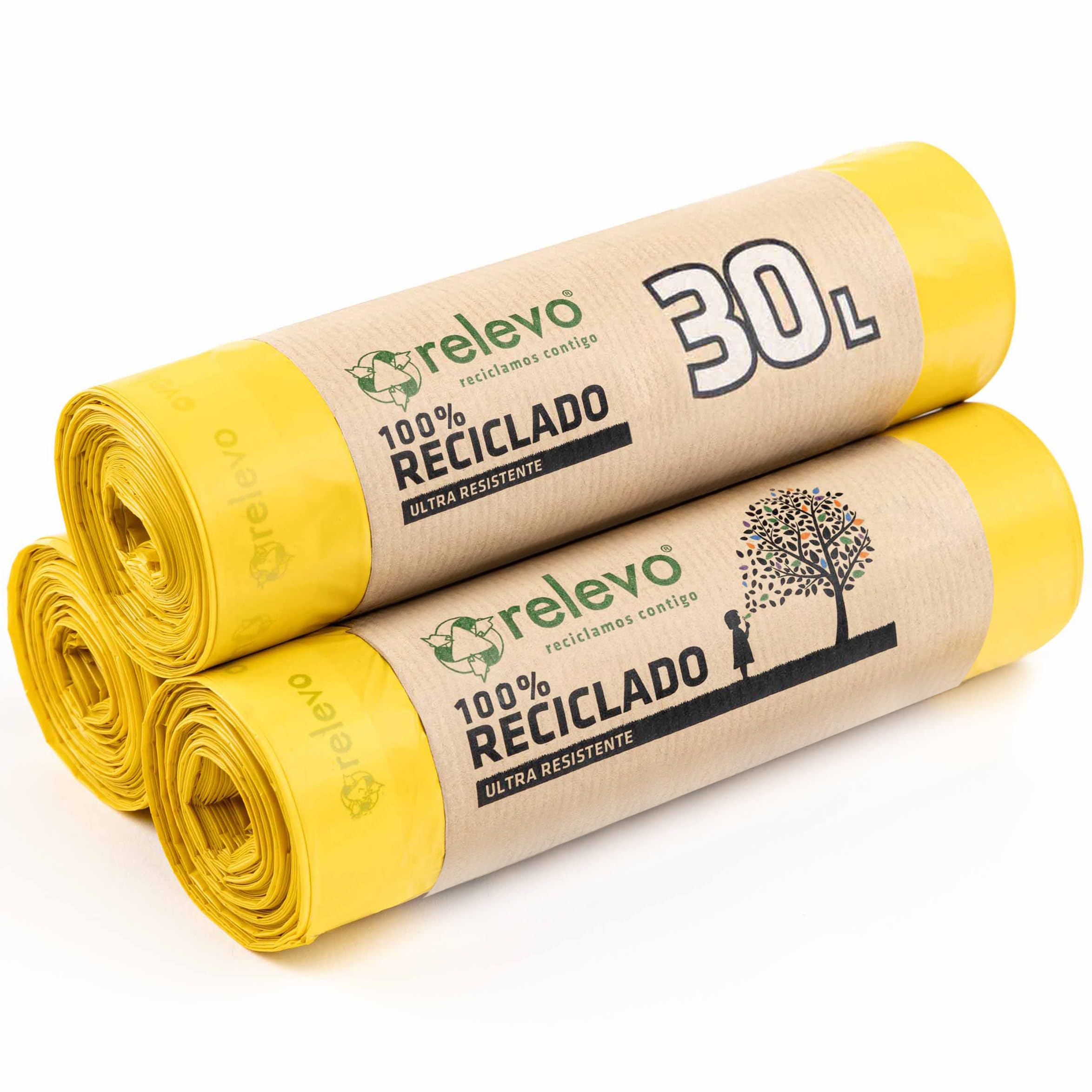 Relevo 30L Yellow Bin Bags with Drawstrings | 45 Units | 100% Recycled Material | 55x60 cm