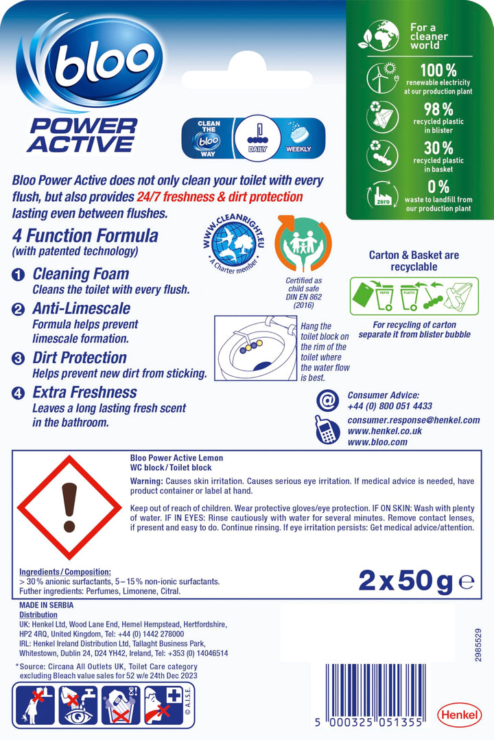 Bloo Power Active Toilet Rim Block - Lemon Scent with Anti-Limescale & Foaming Clean (240 Flushes)