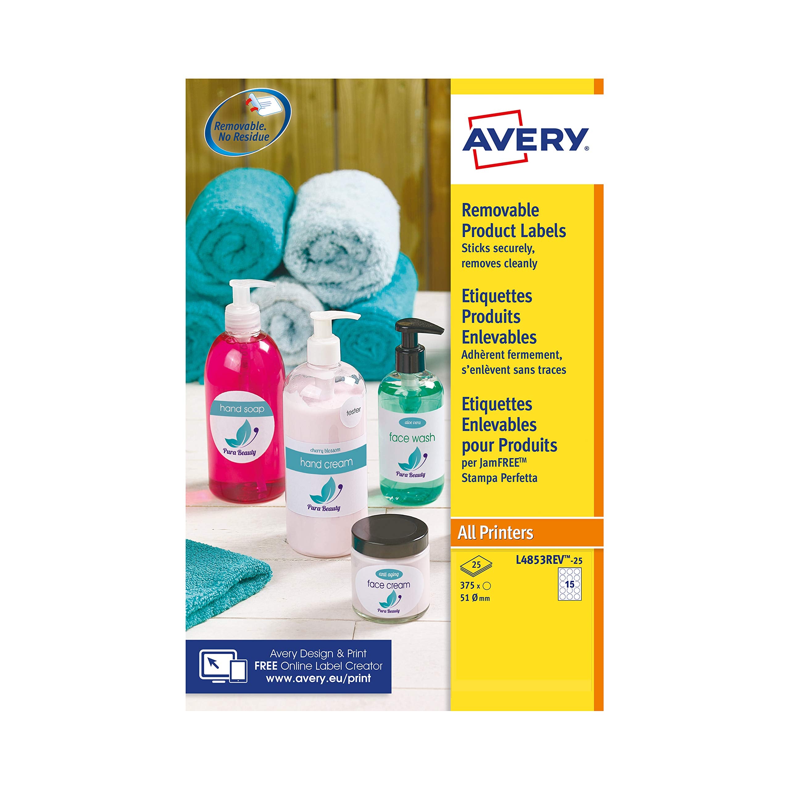 AVERY L4853REV Removable Round Printer Labels - 51mm, 375 Total Labels, Inkjet & Laser Compatible