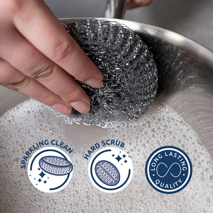 Sorbo Metal Pan Scourers 4 Pack - Metallic Steel Wool Pads for Tough Grease & Heavy-Duty Cleaning